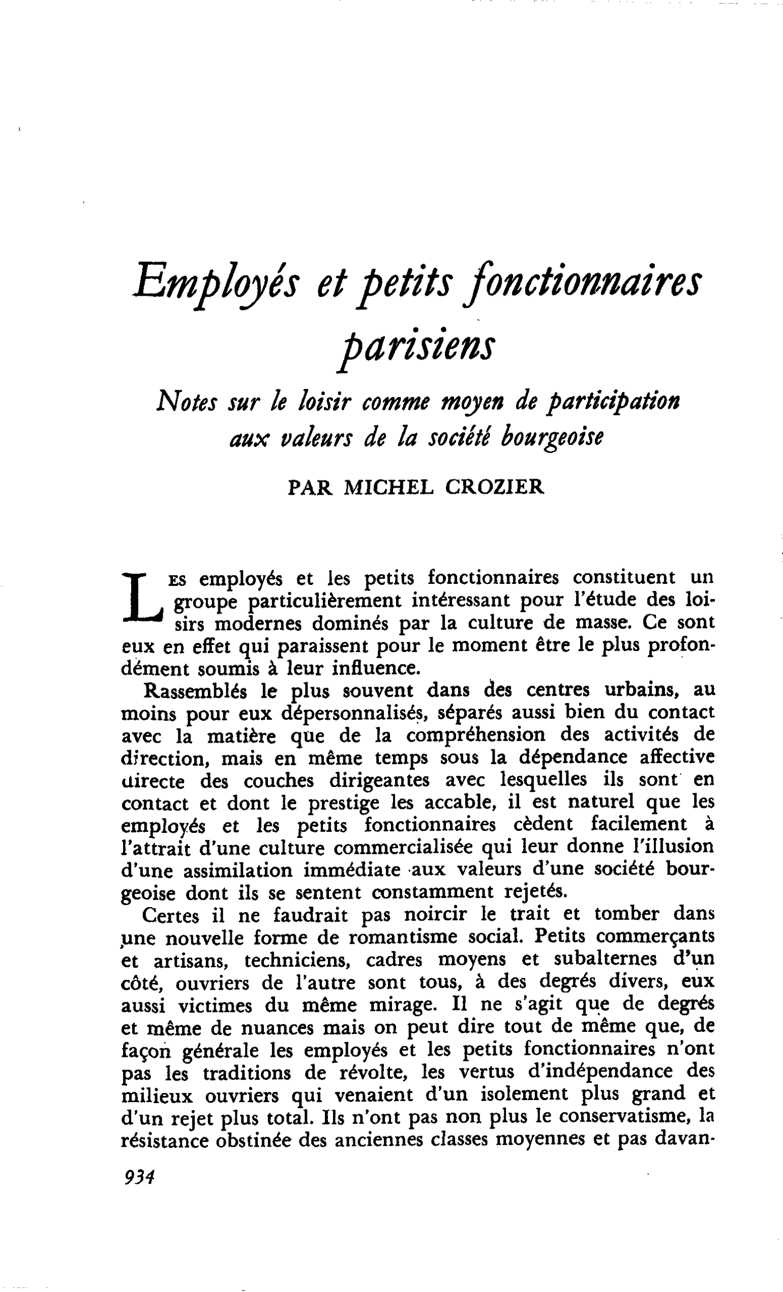 Employés et petits fonctionnaires parisiens : Notes sur le loisir comme moyen de participation aux valeurs de la société bourgeoise