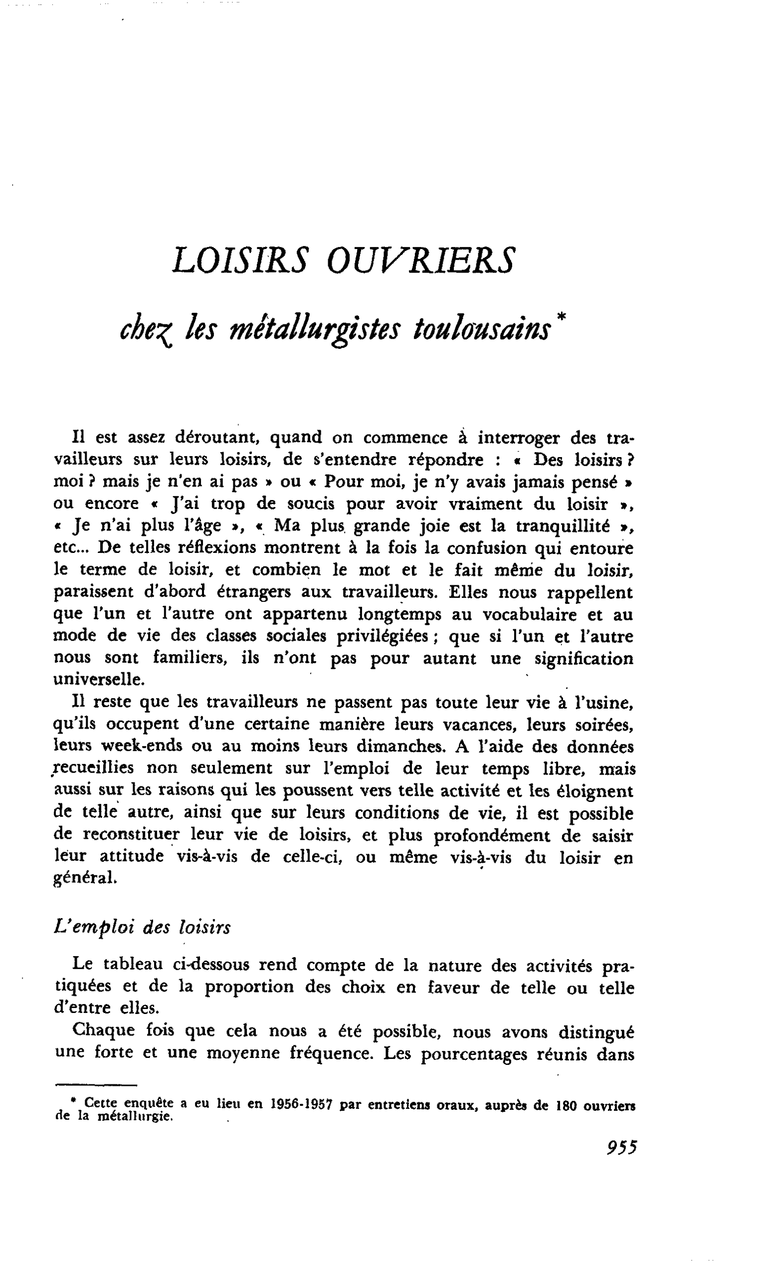 LOISIRS OUVRIERS : chez les métallurgistes toulousains