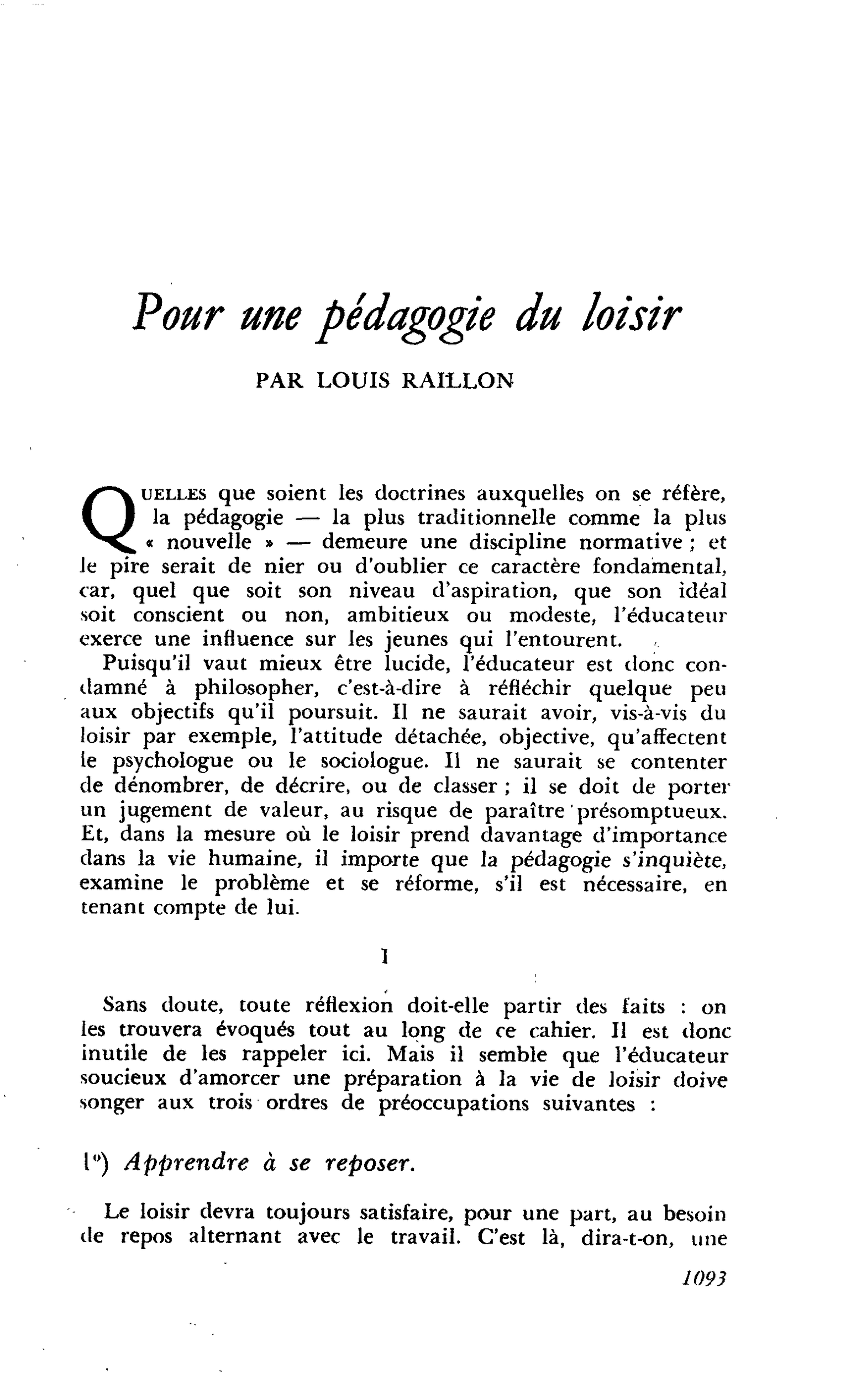 Pour une pédagogie du loisir