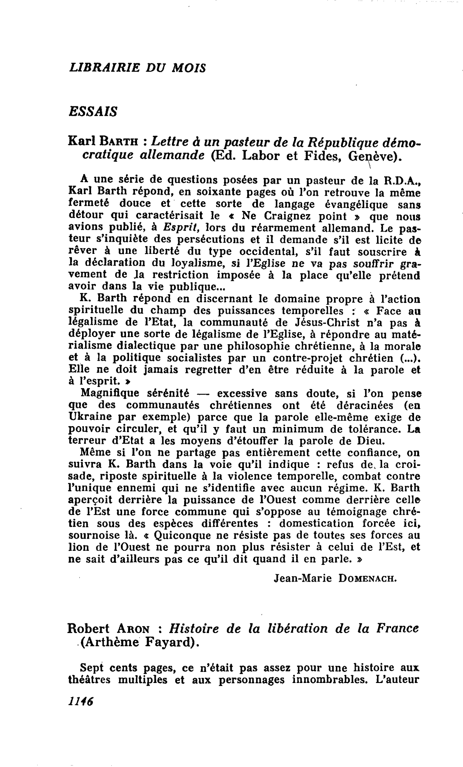 Karl Barth : Lettre à un pasteur de la République démocratique allemande