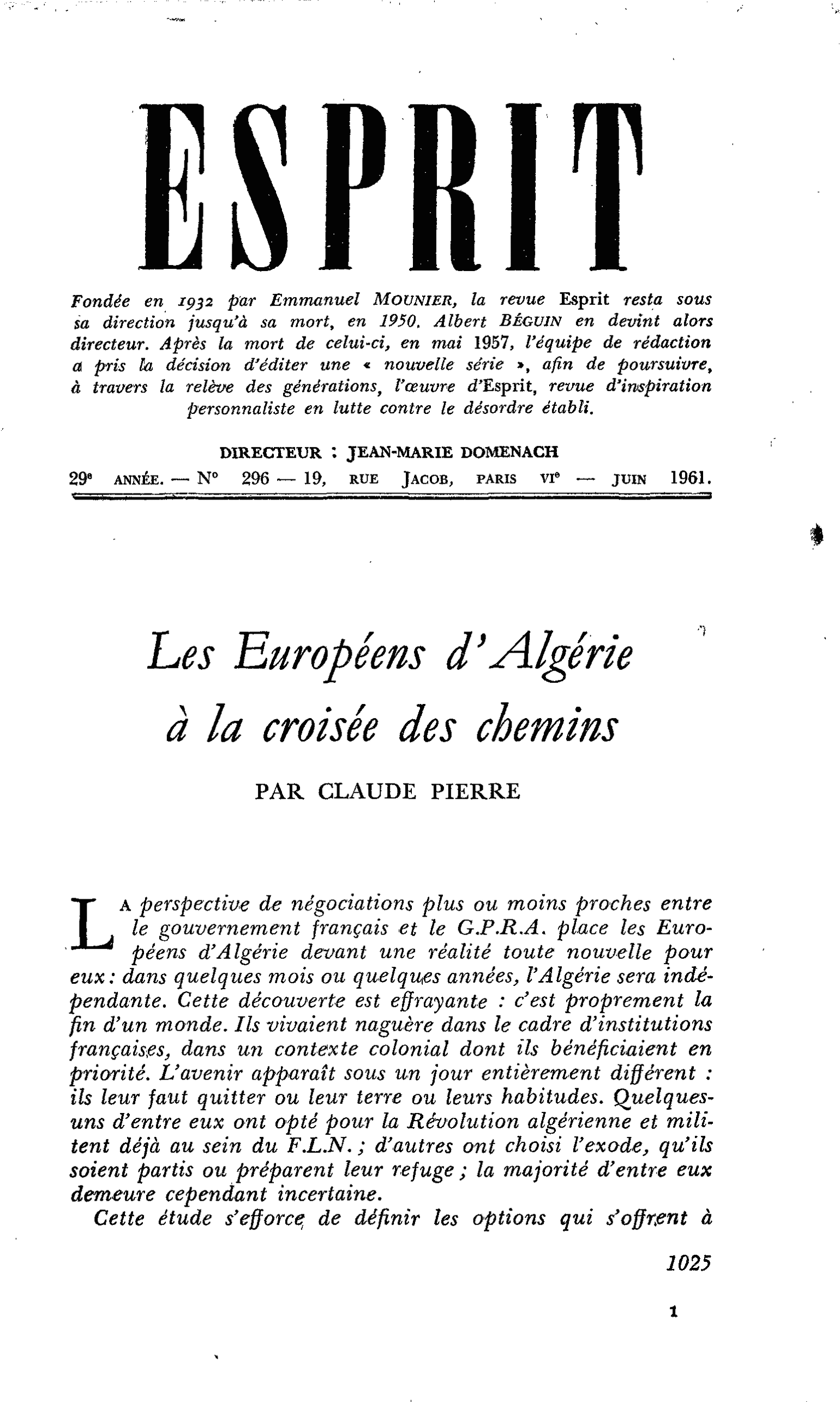 Les Européens d’Algérie a la croisée des chemins