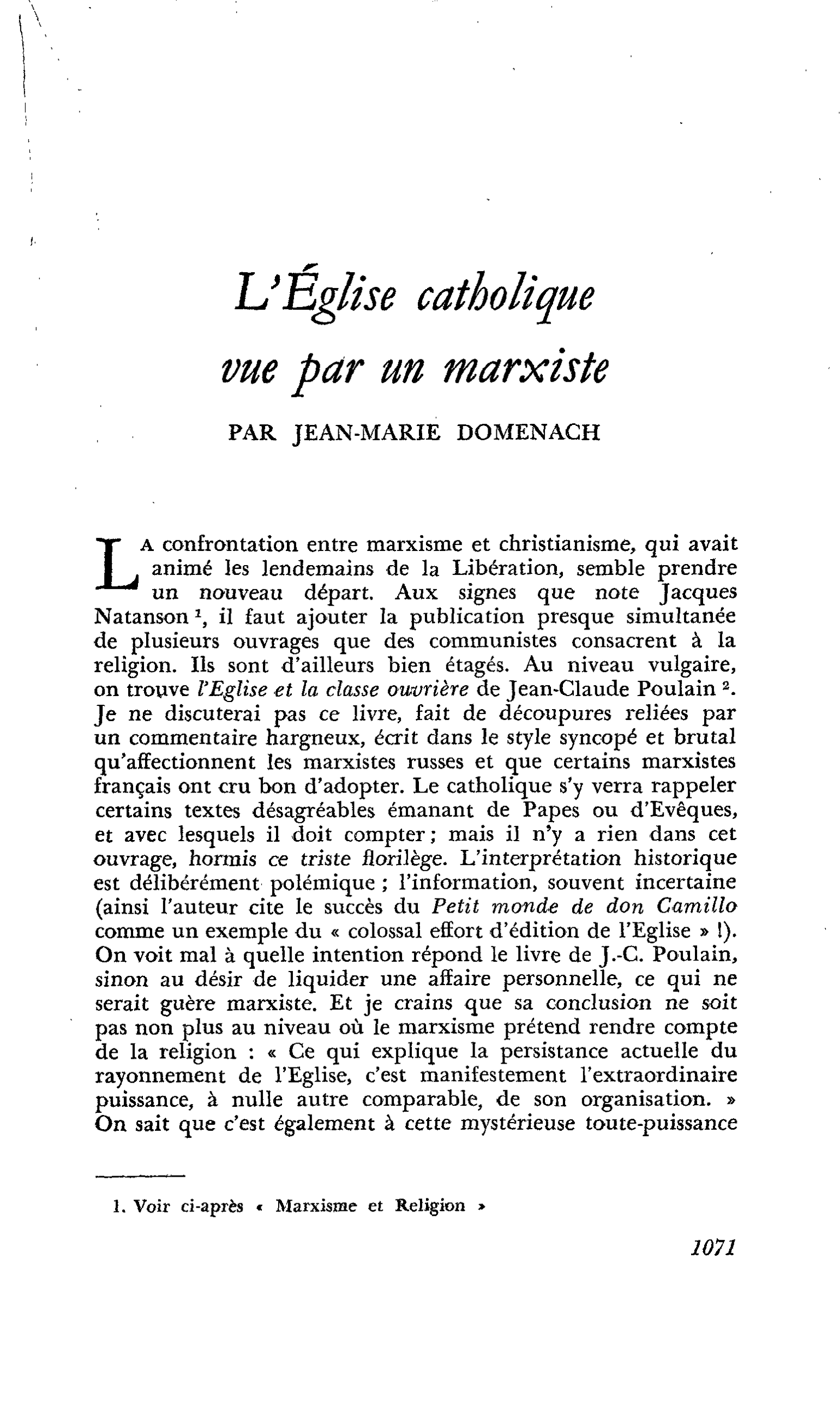 L’Église catholique vue par un marxiste