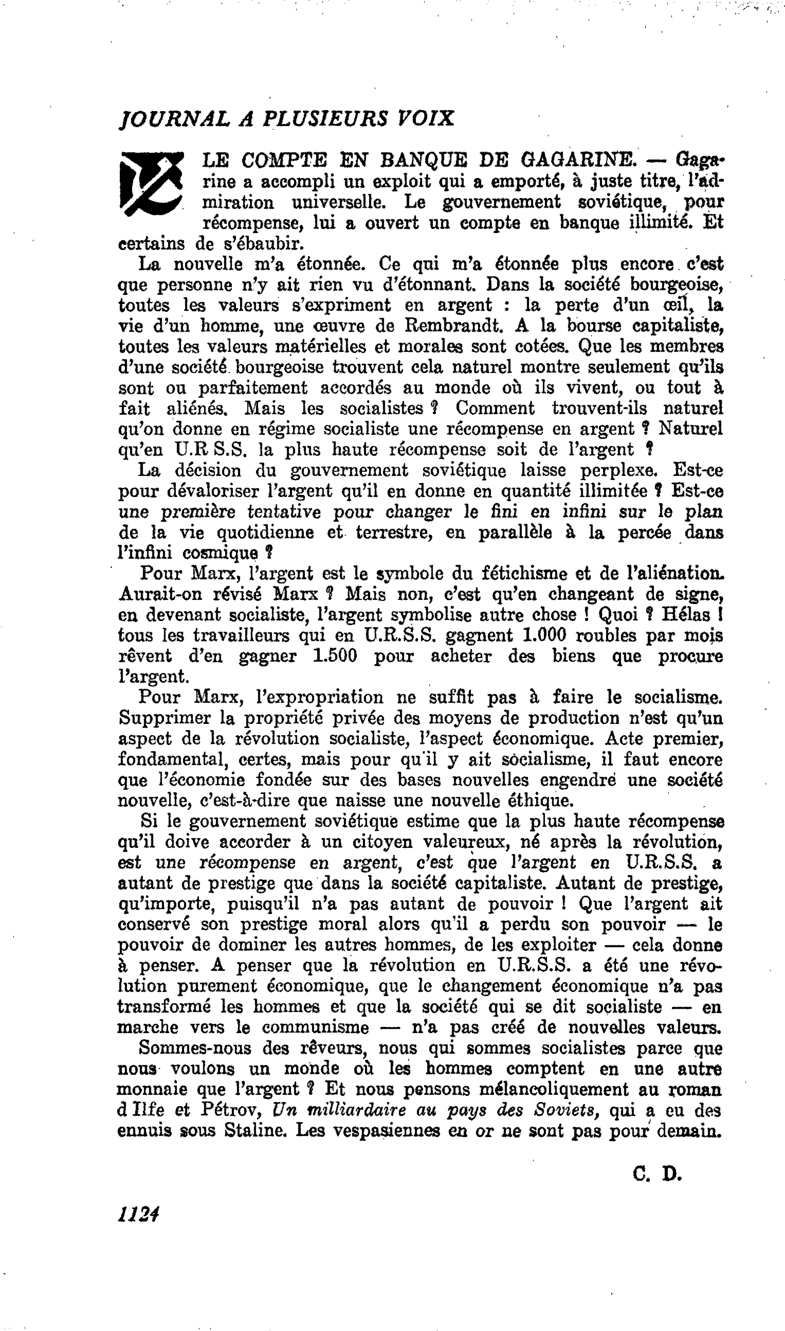 LE COMPTE EN BANQUE DE GAGARINE
