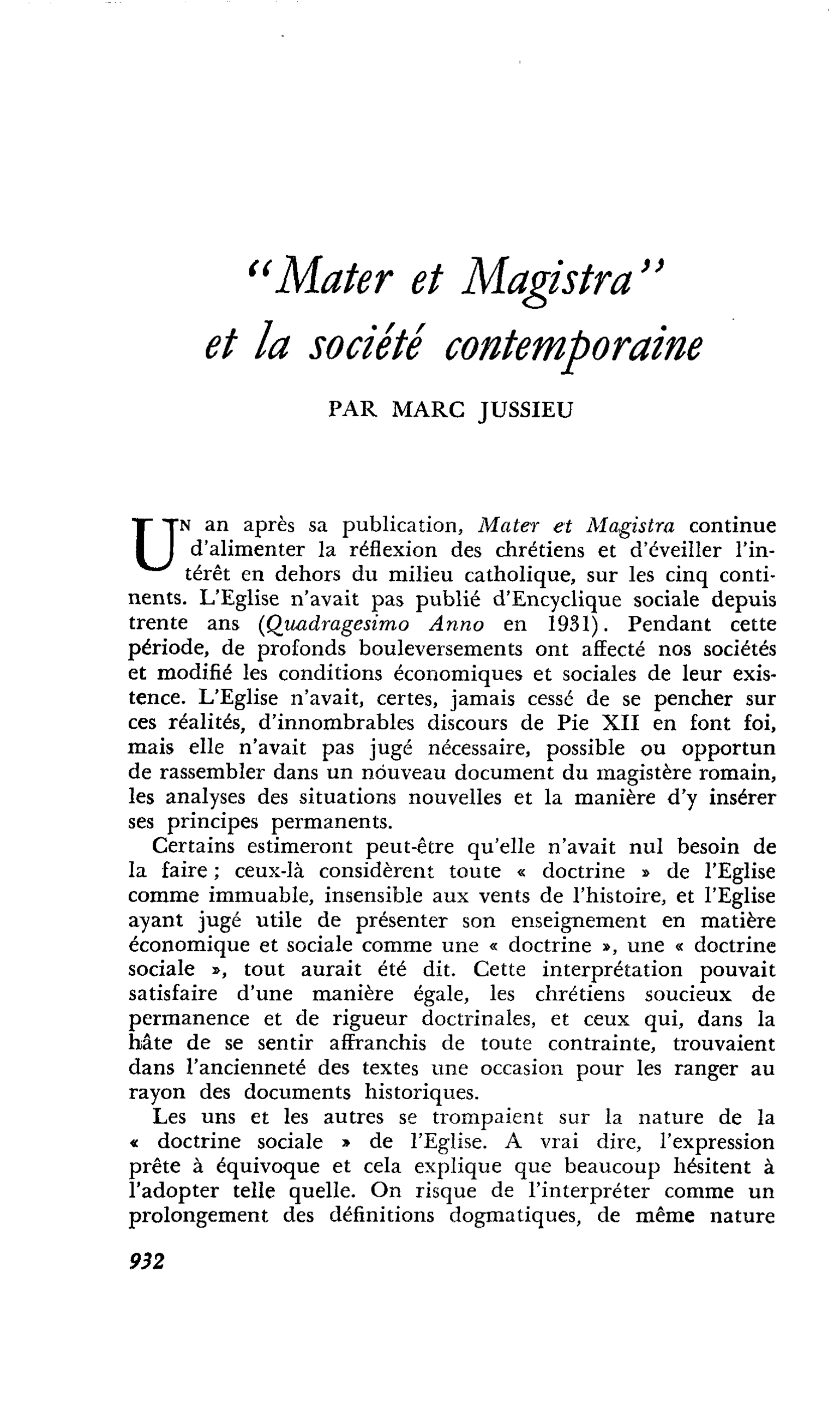 « Mater et Magistra » et la société contemporaine