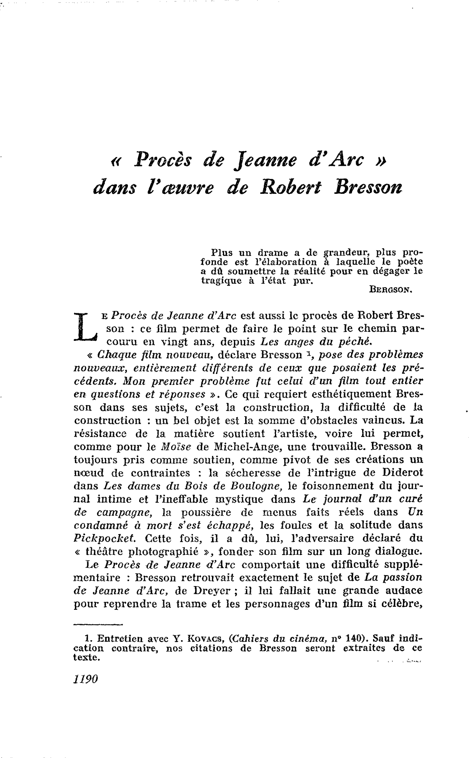« Procès de Jeanne d’Arc » dans l’oeuvre de Robert Bresson