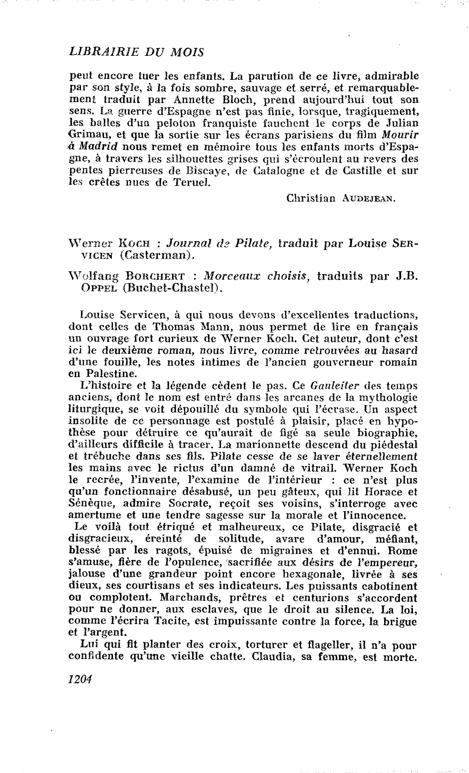Werner Koch : Journal as Pilate. Wolfang Borchert : Morceaux choisis