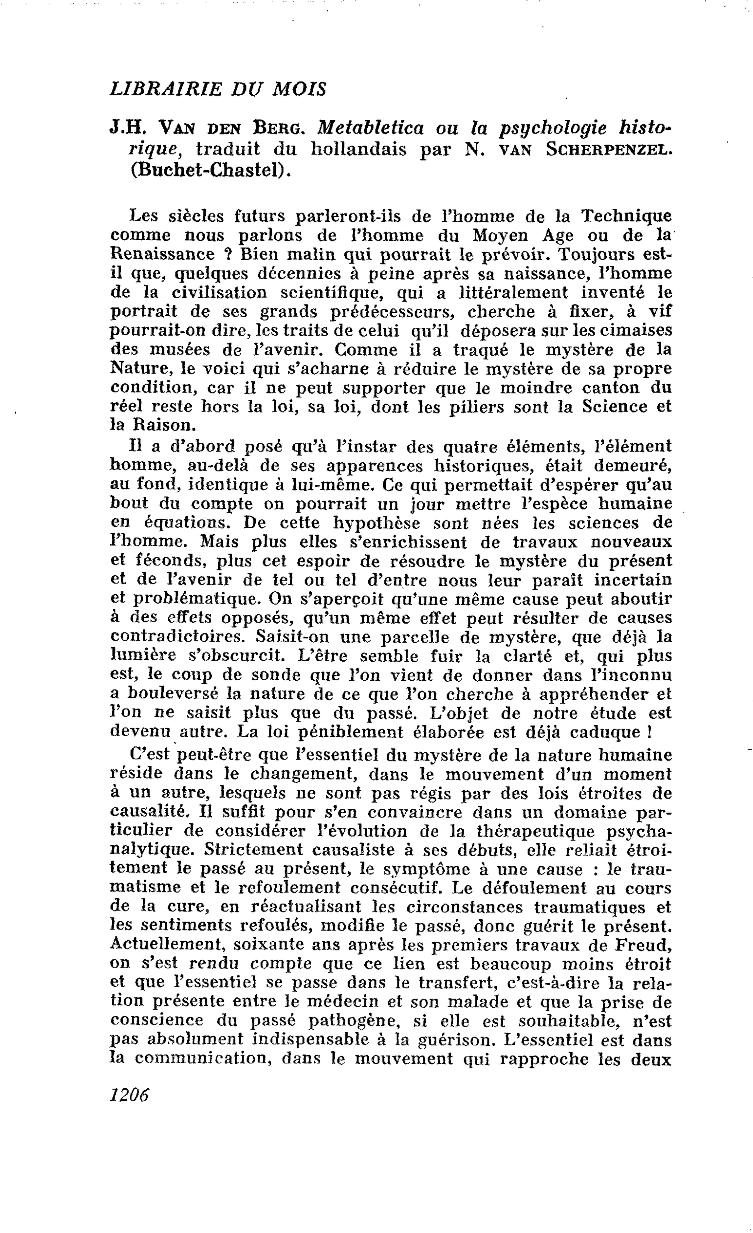 J.H. Van den Berg. Metabletica ou la psychologie historique