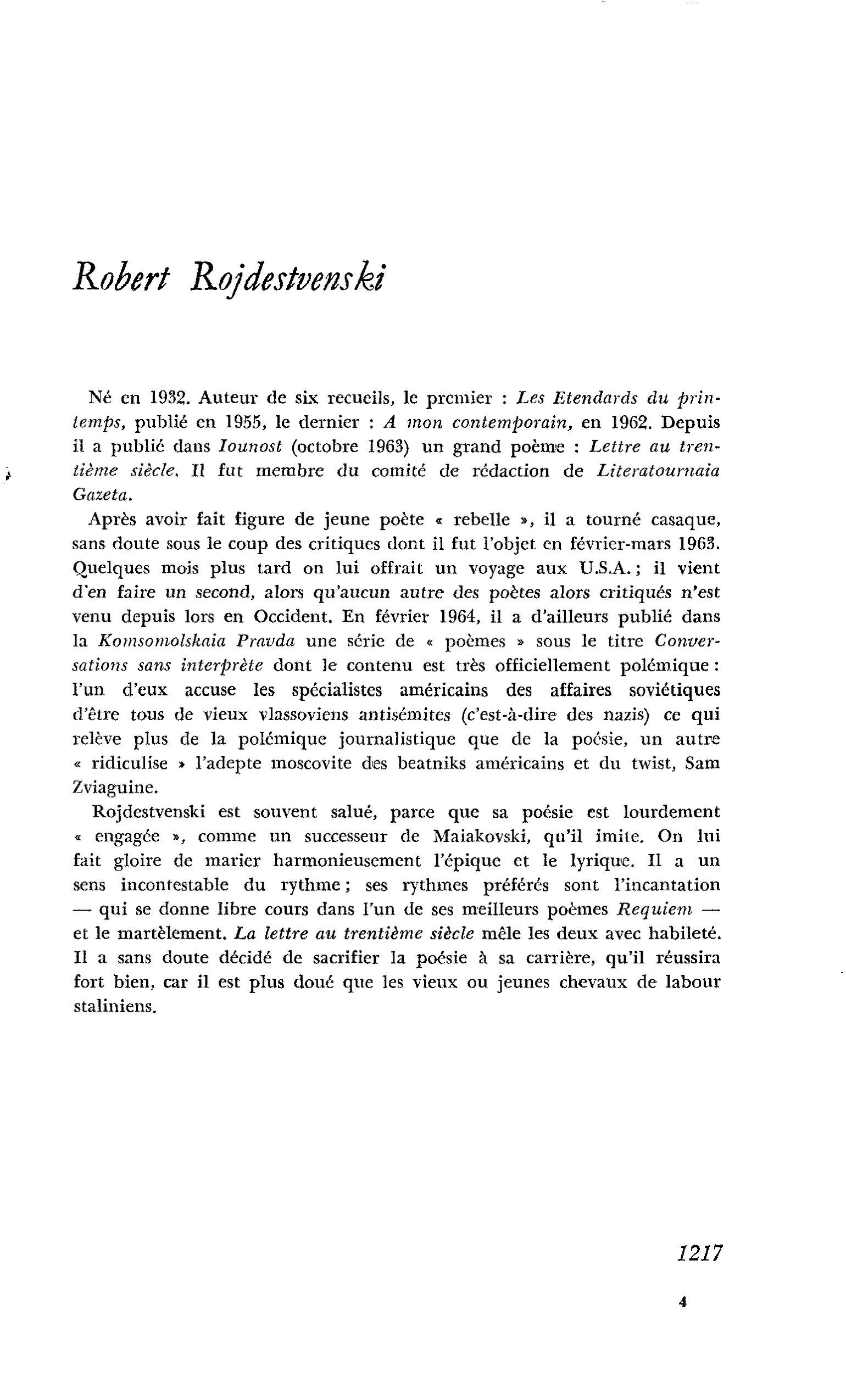 LA JEUNE POÉSIE SOVIÉTIQUE : Robert Rojdestvenski
