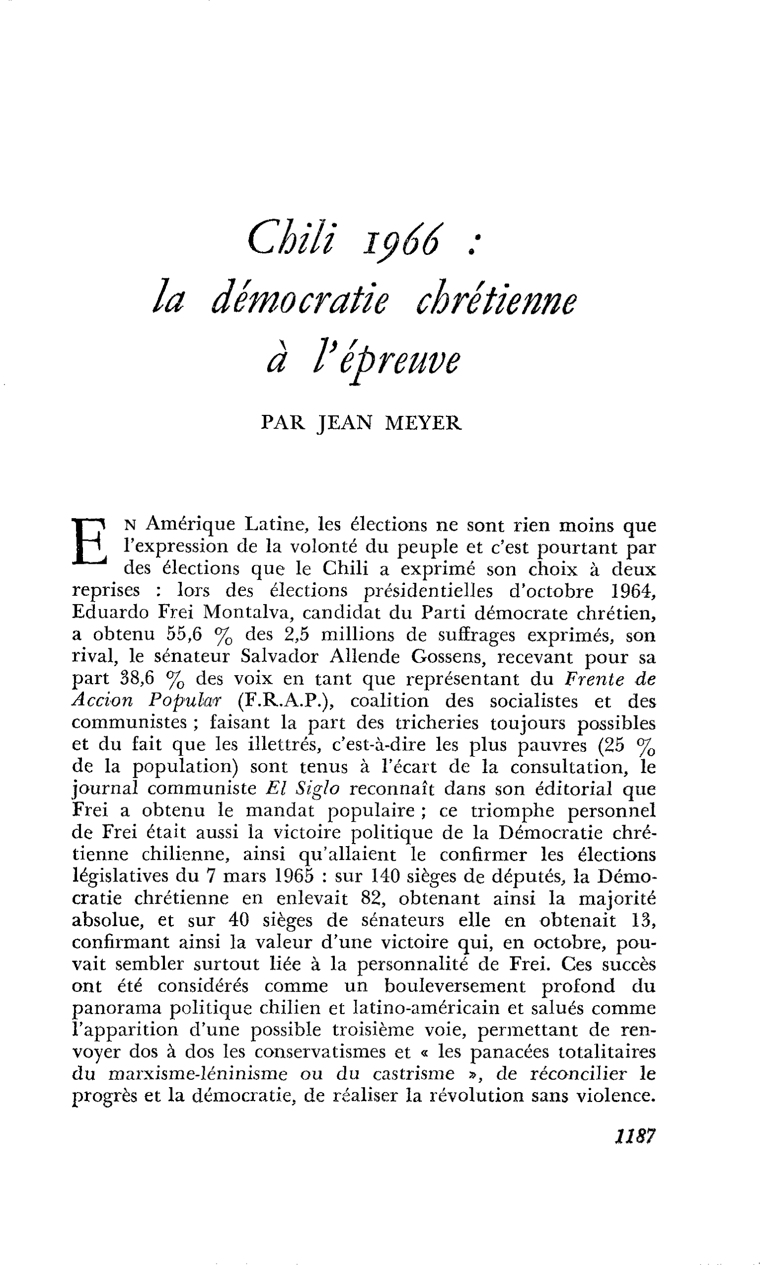 Chili 1966 : la démocratie chrétienne à l’épreuve