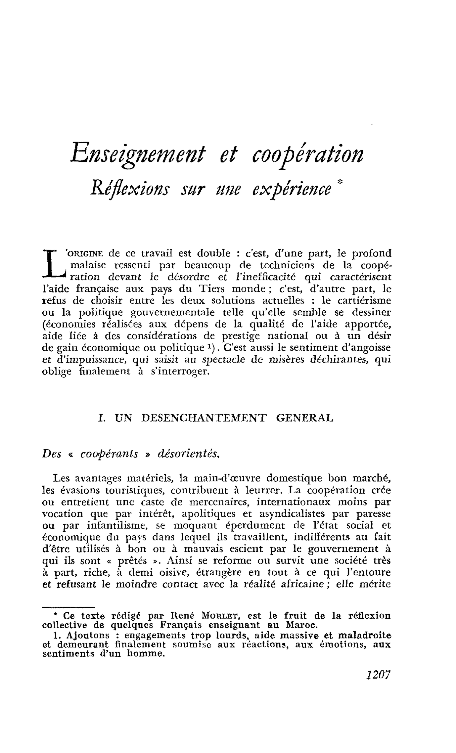 Enseignement et coopération. Réflexions sur une expérience