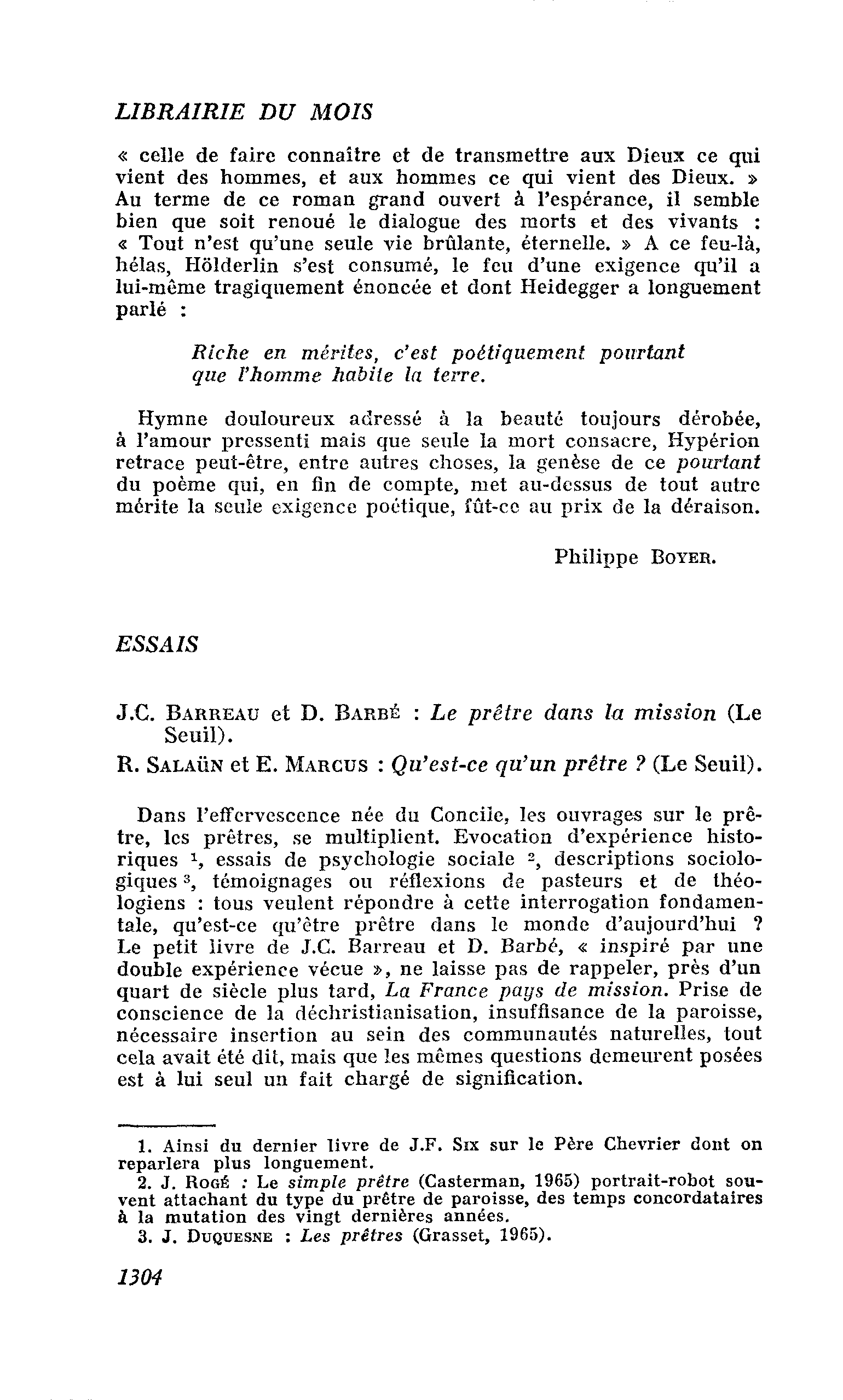 J.C. Barreau et D. Barbé : Le prêtre dans la mission. R. Salaün et E. Marcus : Qu’est-ce qu’un prêtre ?