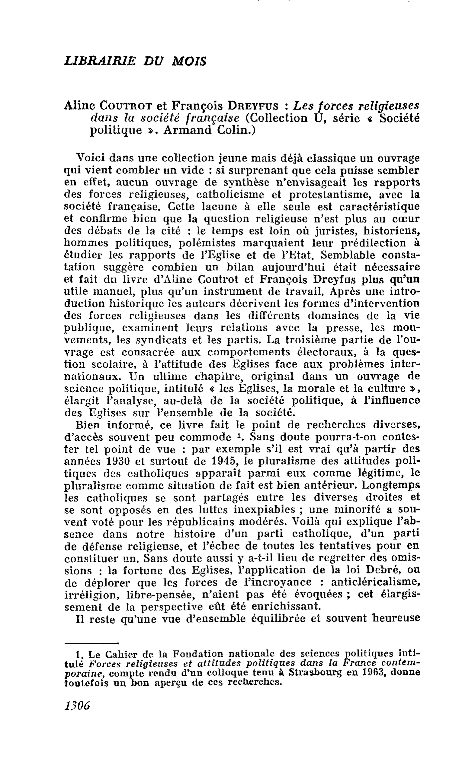 Aline Coutrot et François Dreyfus : Les forces religieuses dans la société française