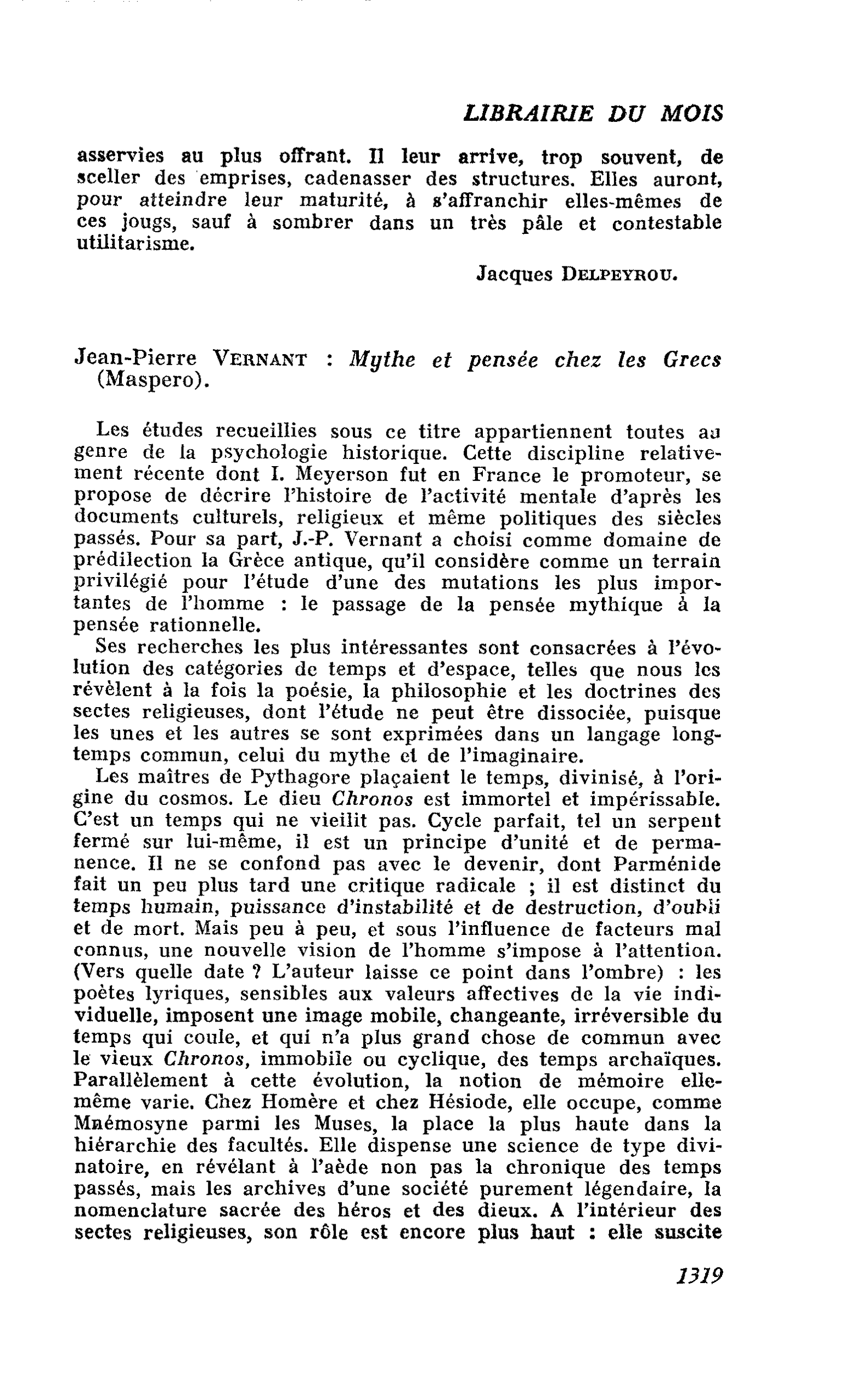 Jean-Pierre Vernant : Mythe et pensée chez les Grecs