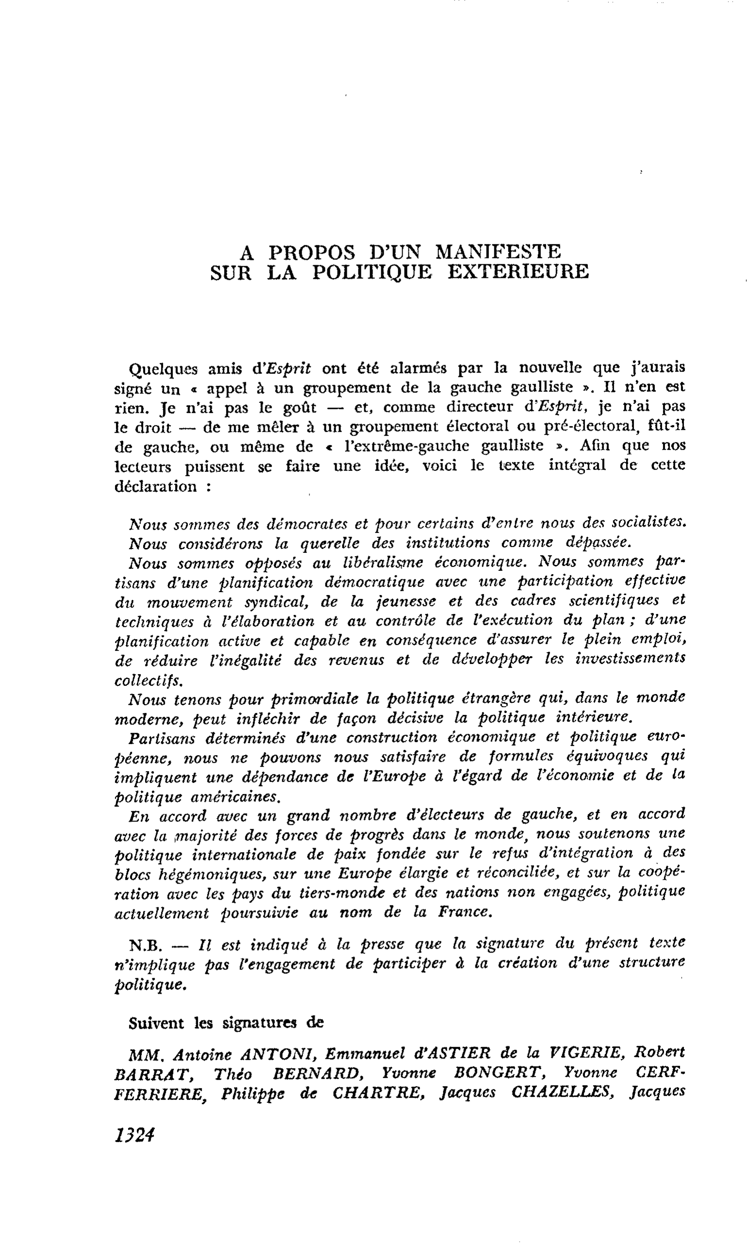 A PROPOS D’UN MANIFESTE SUR LA POLITIQUE EXTERIEURE