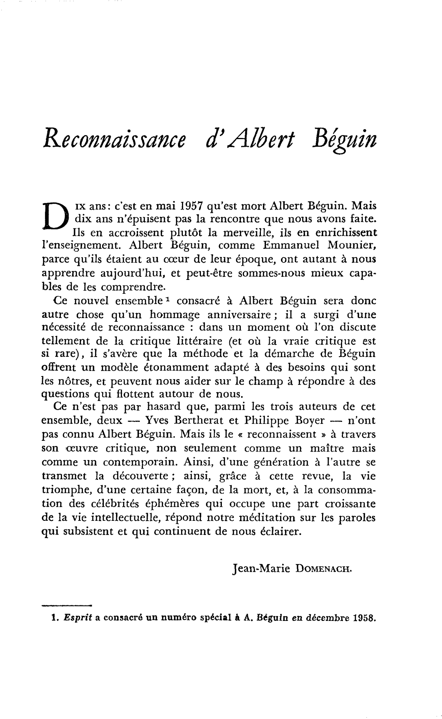 Reconnaissance d’Albert Béguin