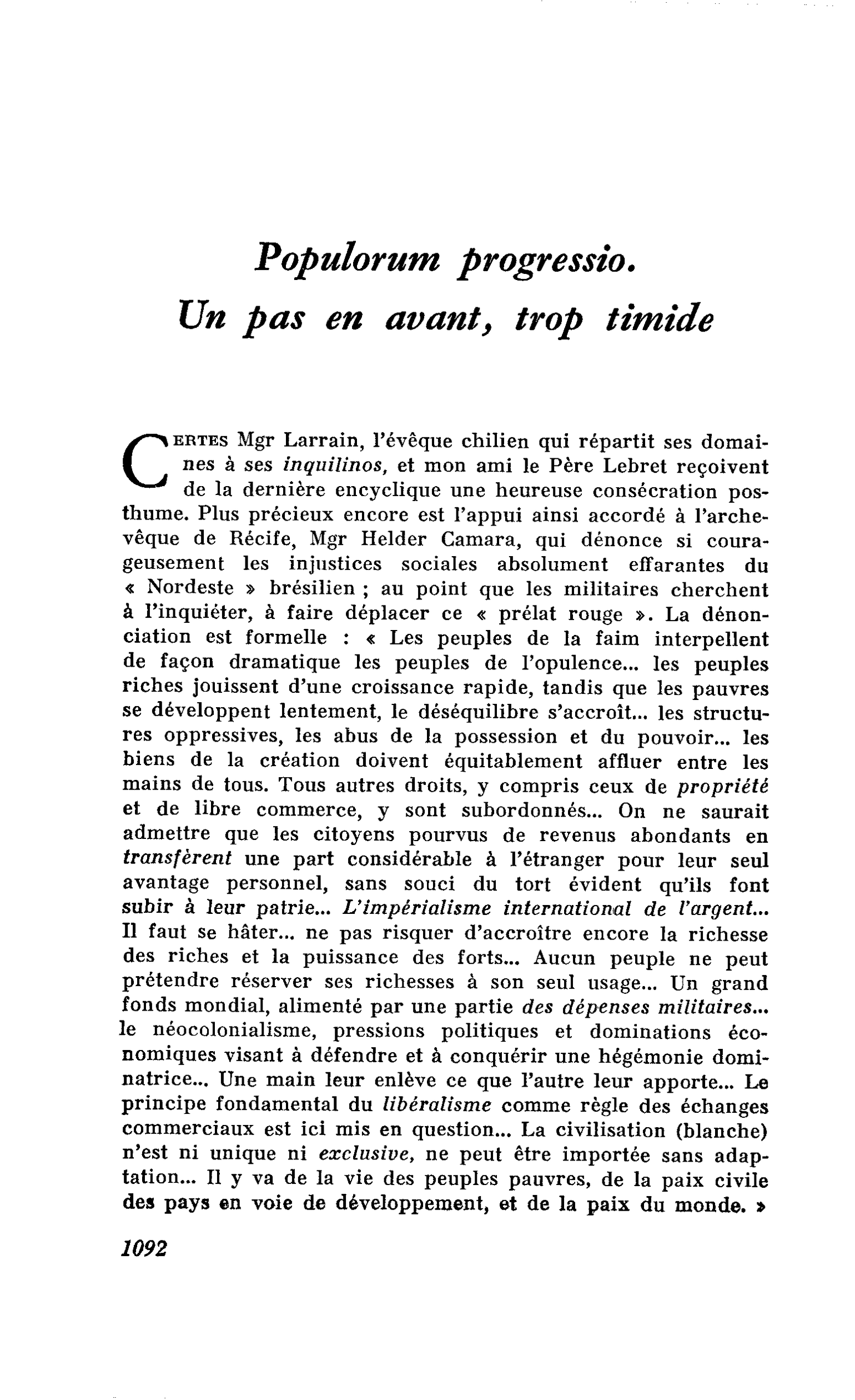 Populorum progressio. Un pas en avant, trop timide