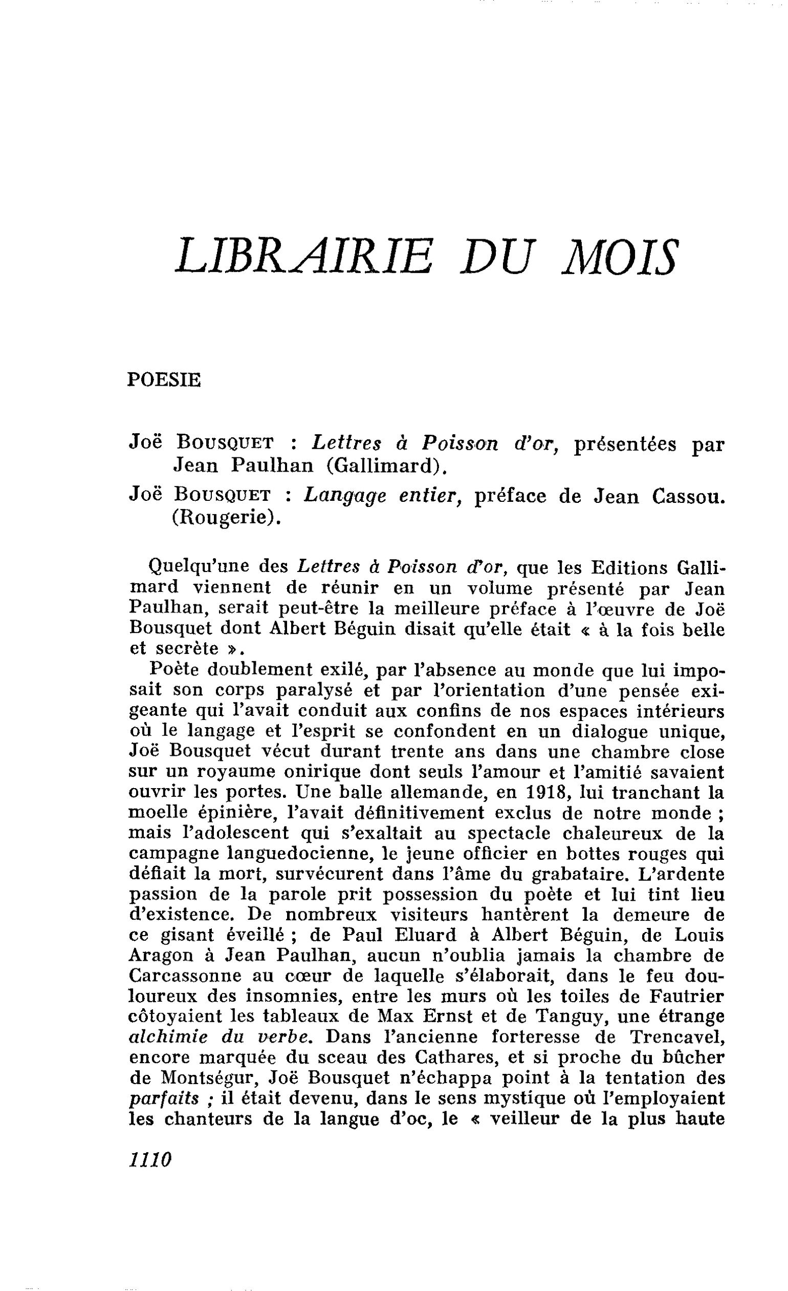 Joë Bousquet : Lettres à Poisson d’or, présentées par Jean Paulhan. Joë Bousquet : Langage entier