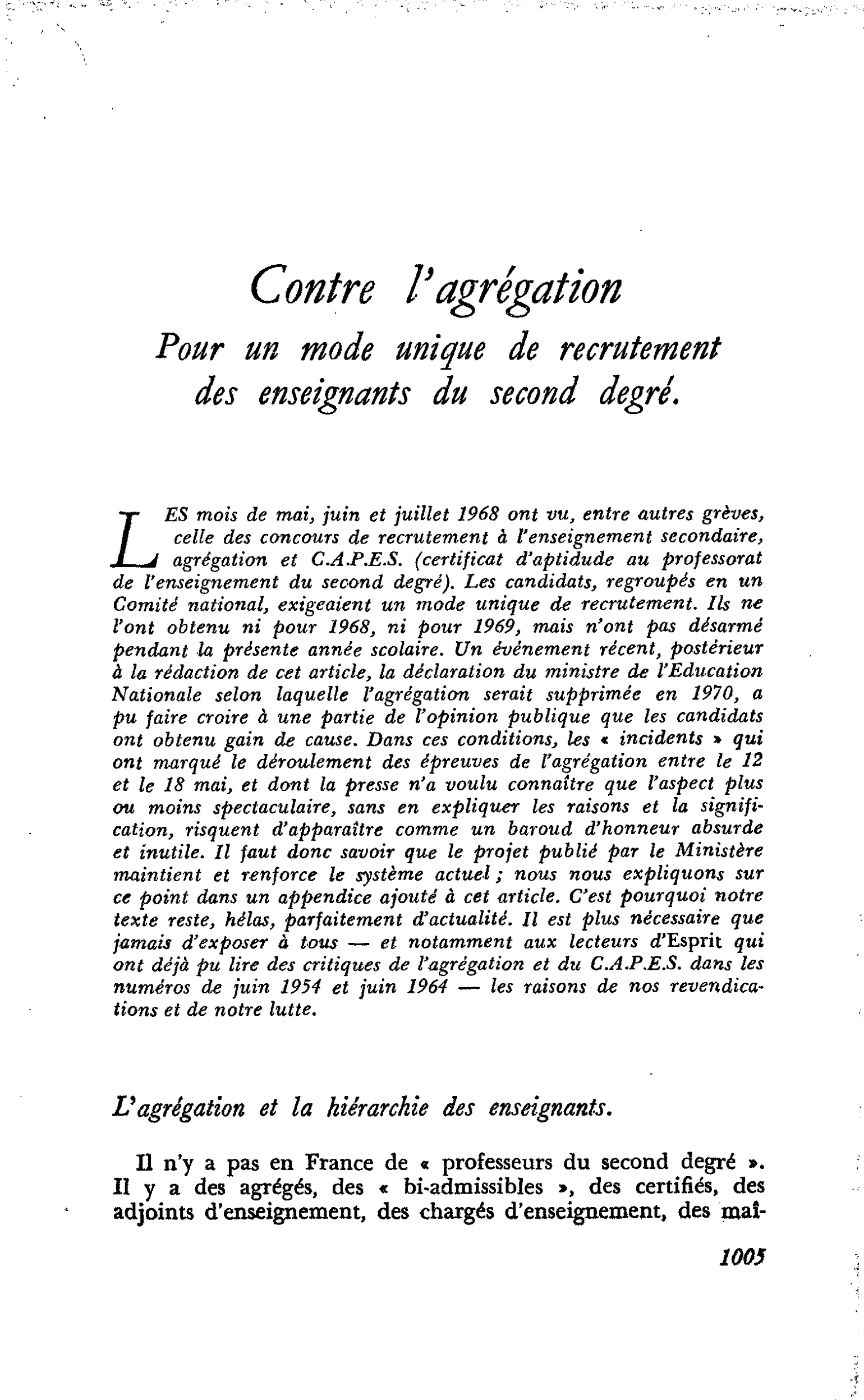 Contre l’agrégation Pour un mode unique de recrutement des enseignants du second degré