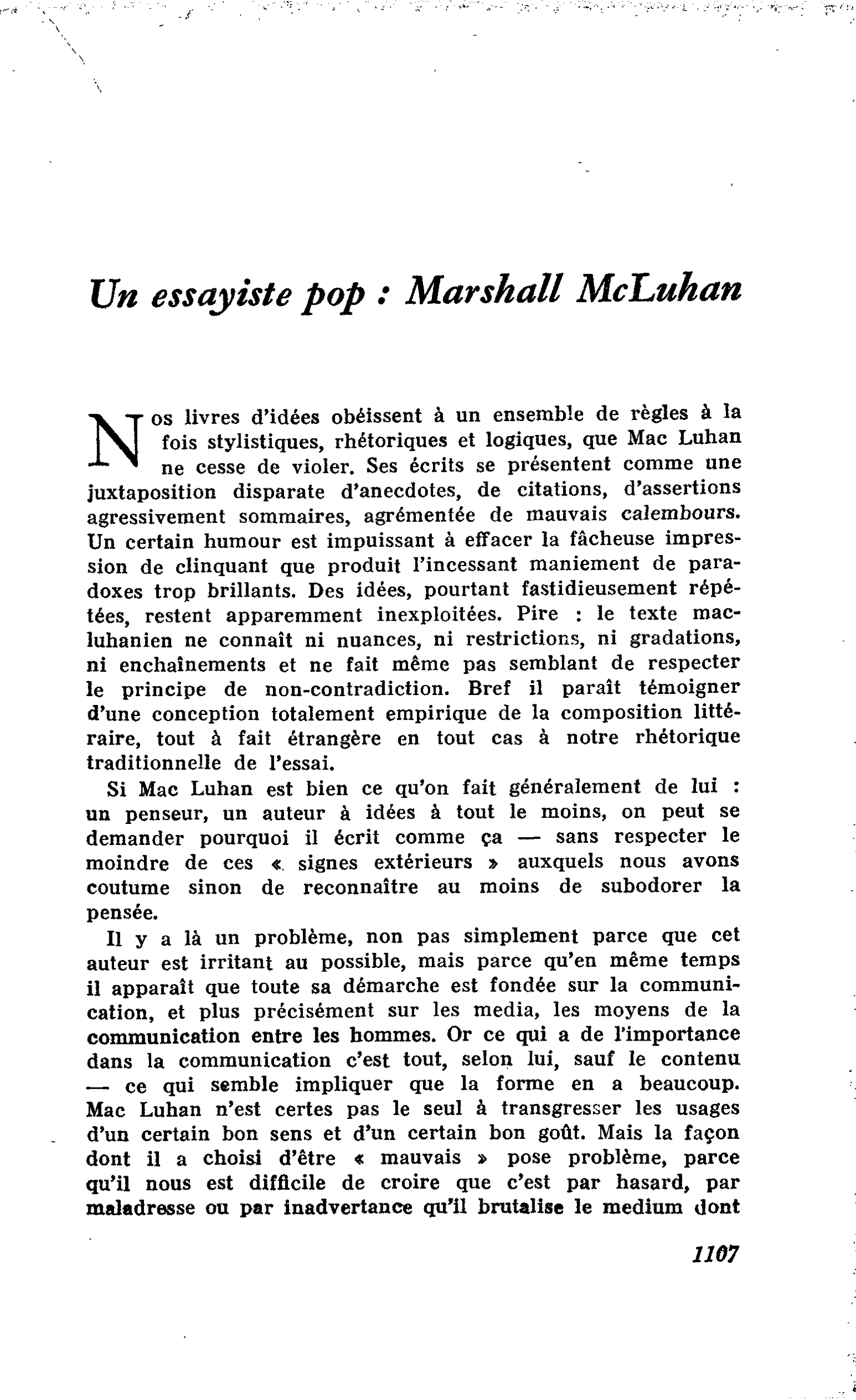 Un essayiste pop : Marshall Mc Luhan