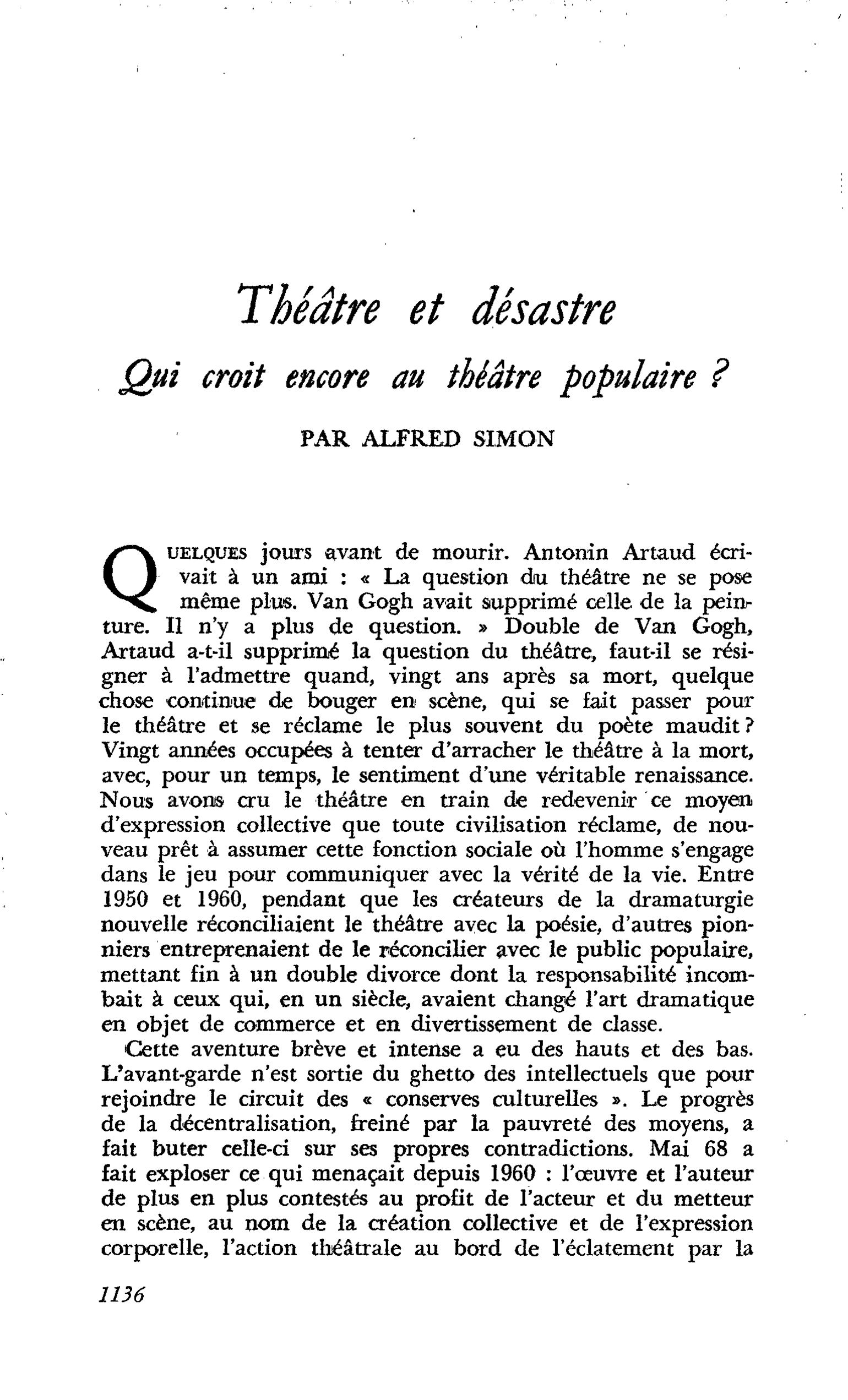 Théâtre et désastre. Qui croit encore au théâtre populaire ?