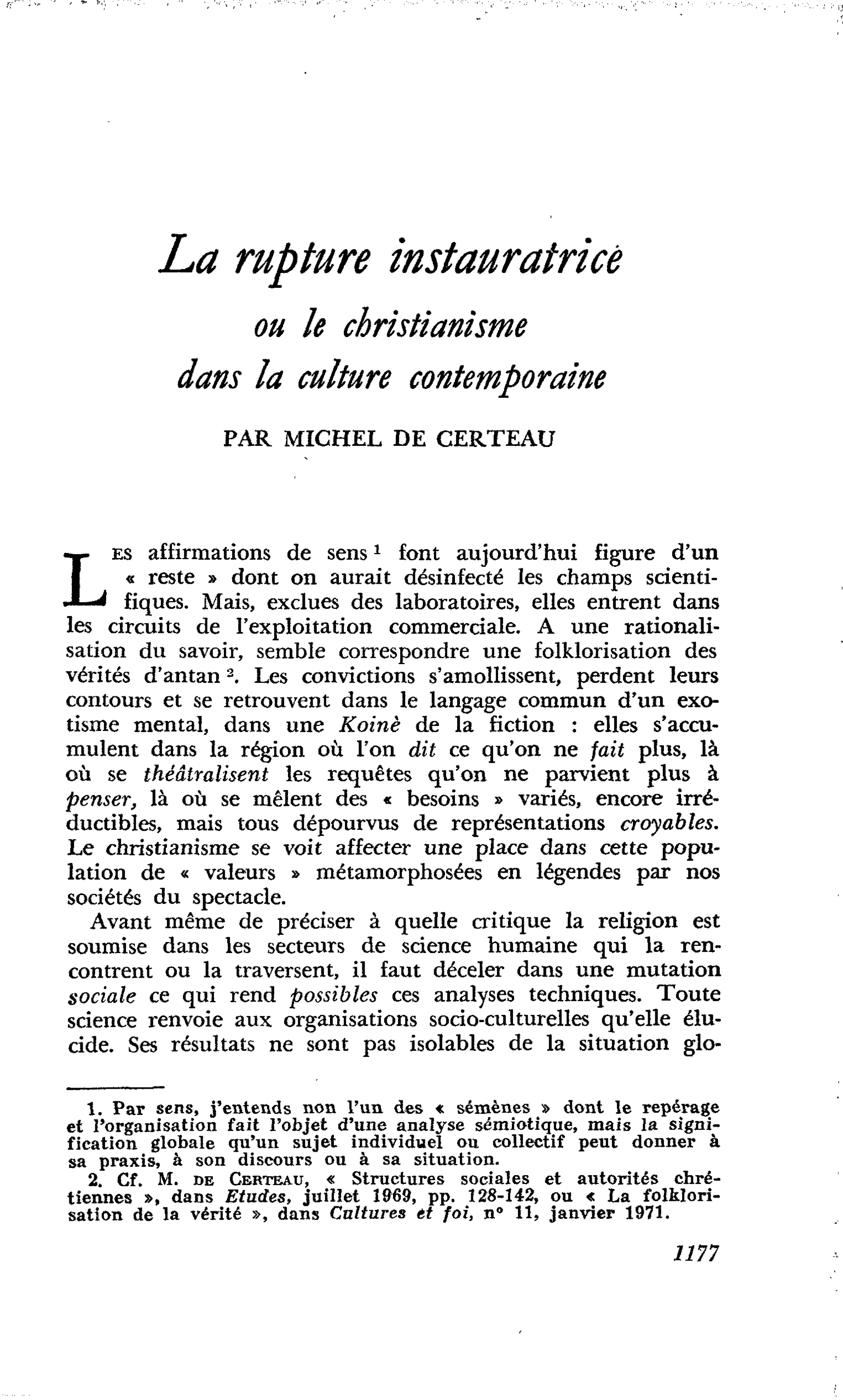 La rupture instauratrice ou le christianisme dans la culture contemporaine