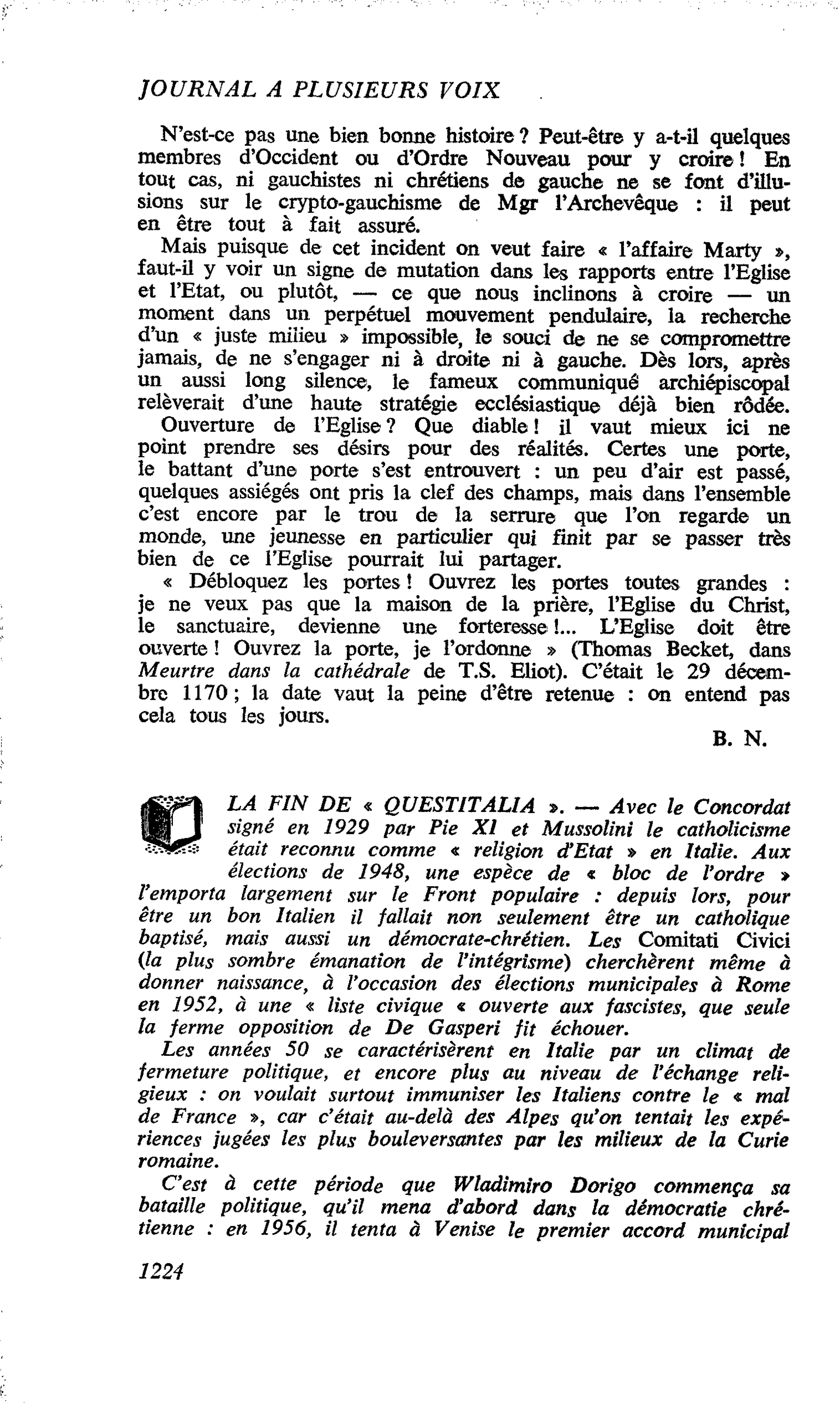 LA FIN DE « QUESTITALIA »