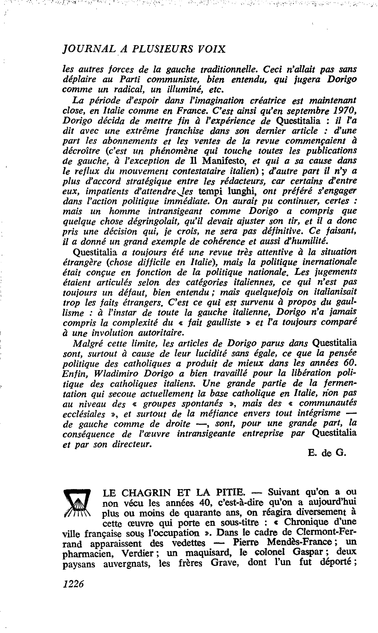 LE CHAGRIN ET LA PITIE