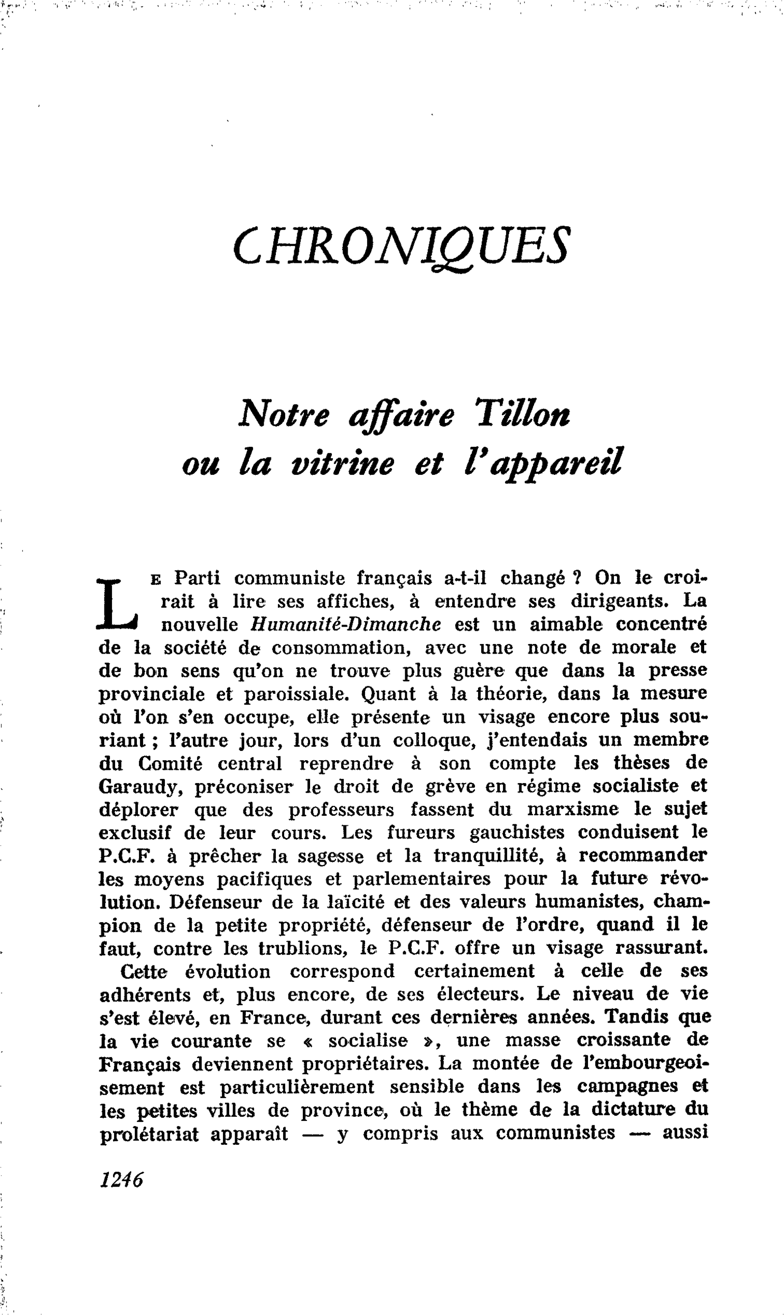 Notre affaire Tillon ou la vitrine et l’appareil