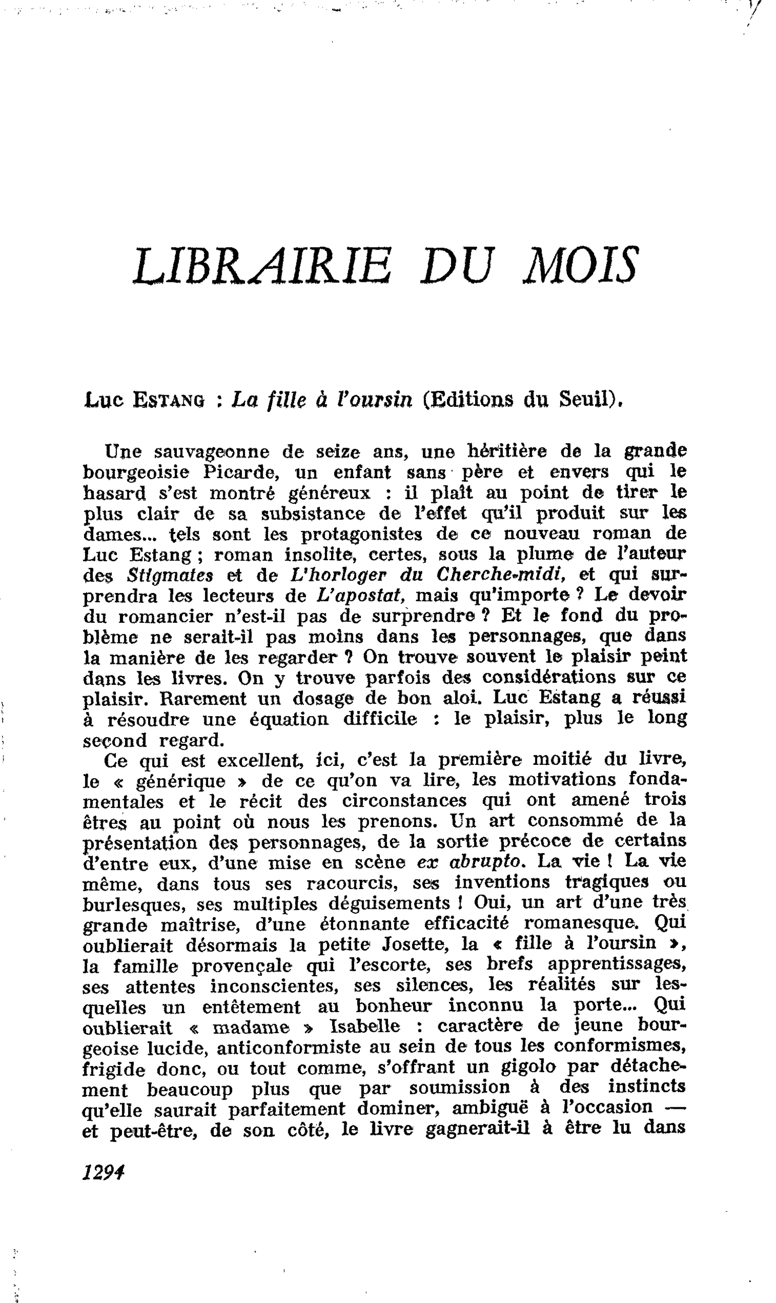 Luc Estang : La fille à l’oursin