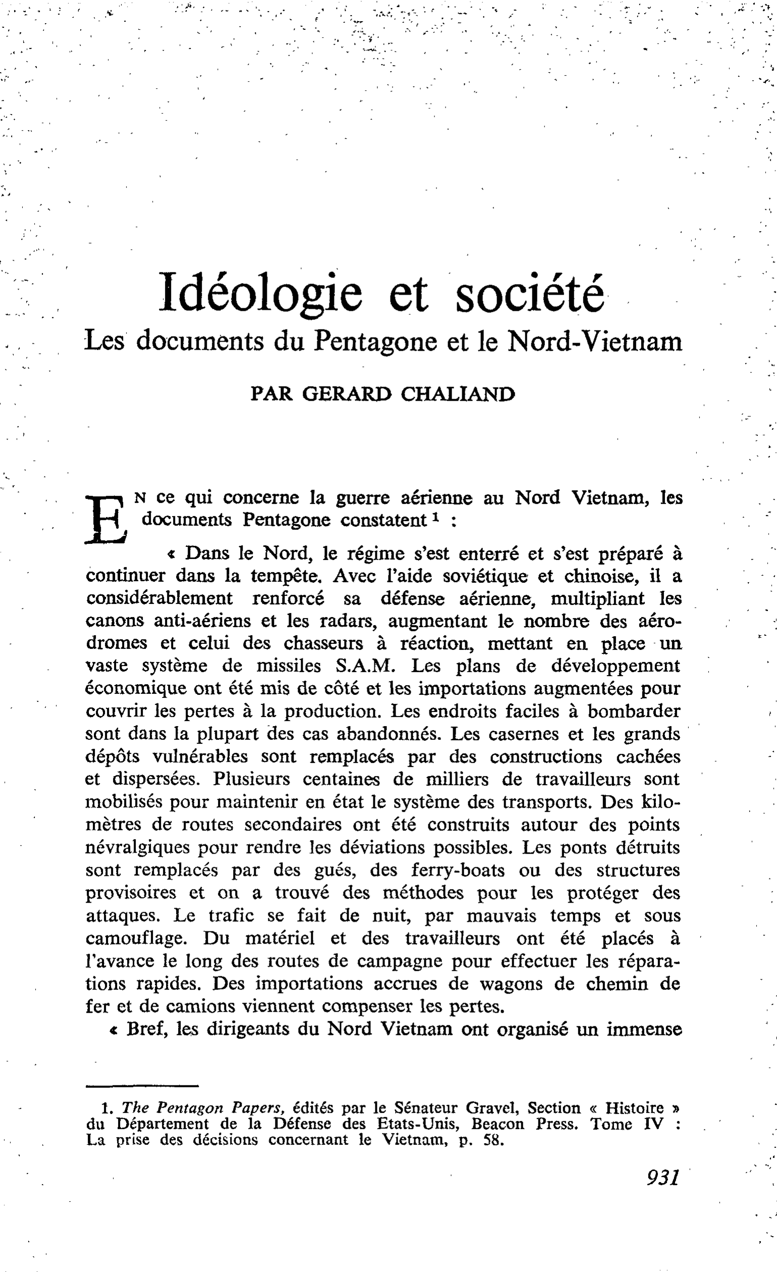Idéologie et société Les documents du Pentagone et le Nord-Vietnam