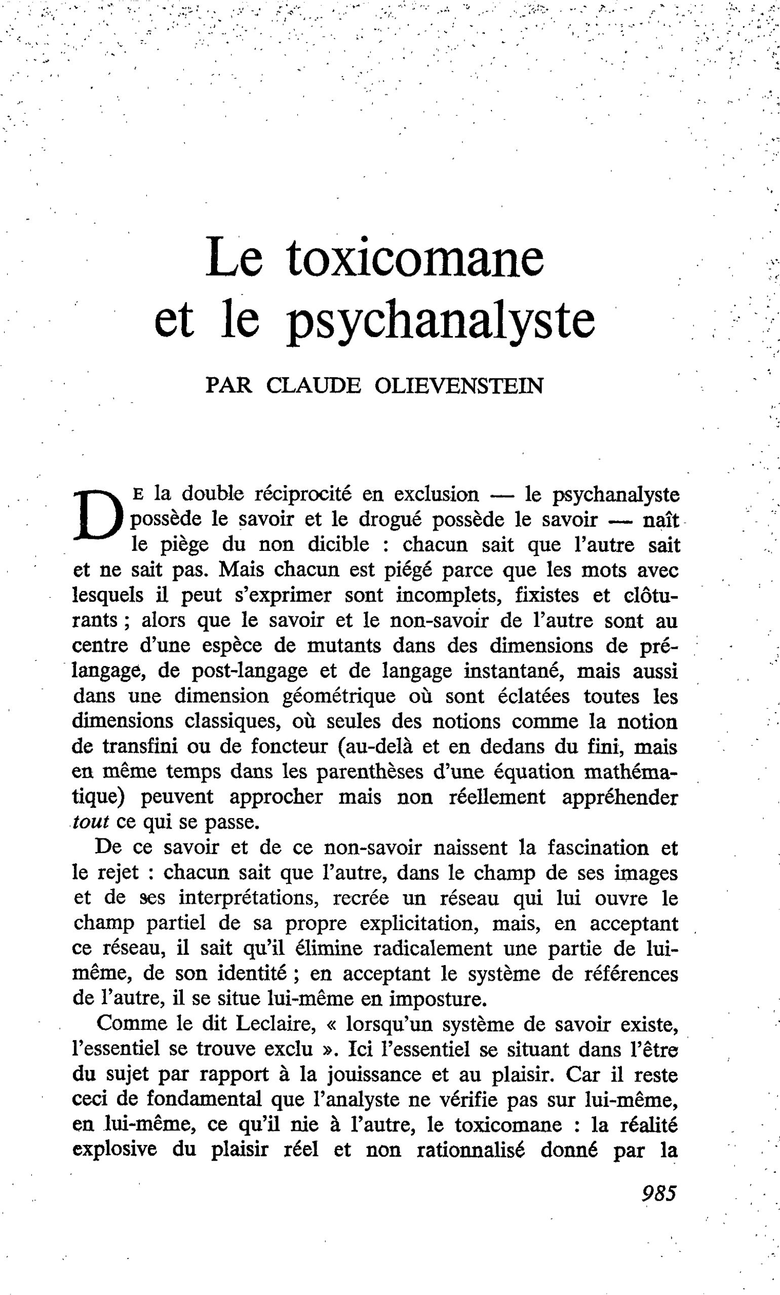 Le toxicomane et le psychanalyste
