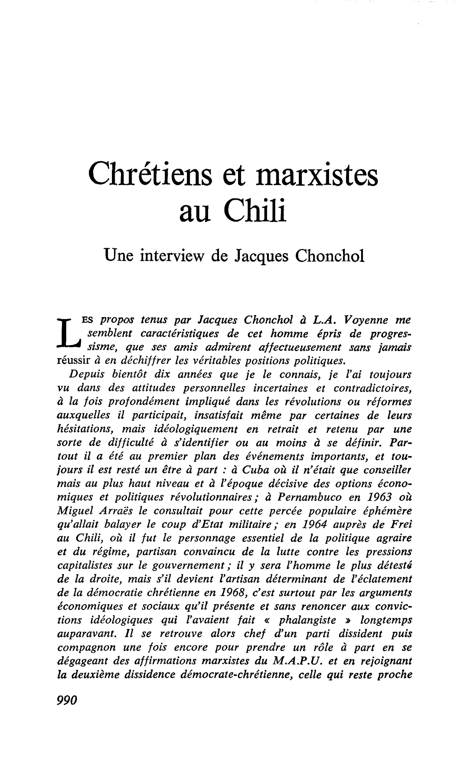 Chrétiens et marxistes au Chili. Une interview de Jacques Chonchol