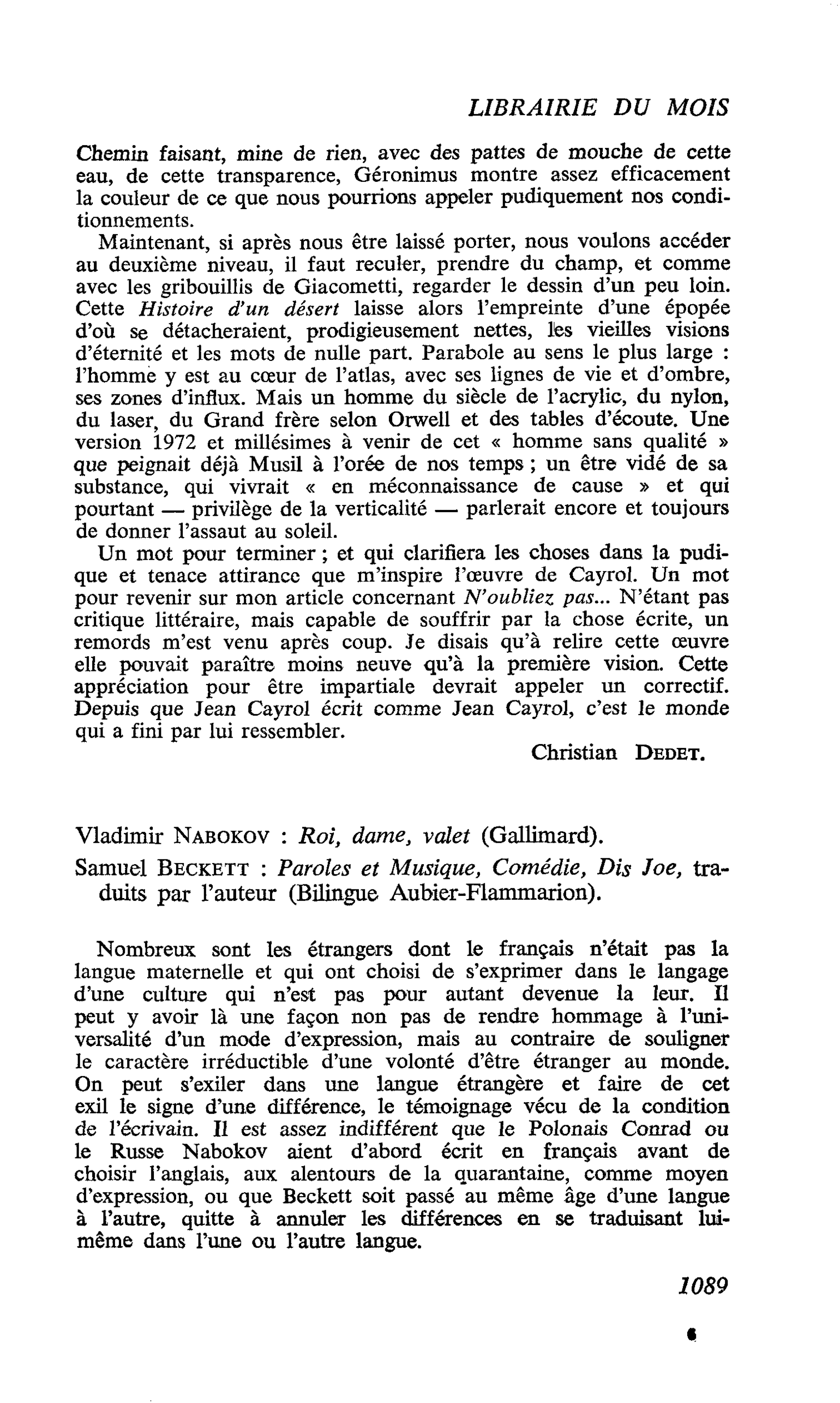 Vladimir Nabokov : Roi, dame, valet. Samuel Beckett : Paroles et Musique, Comédie, Dis Joe, traduits par l’auteur