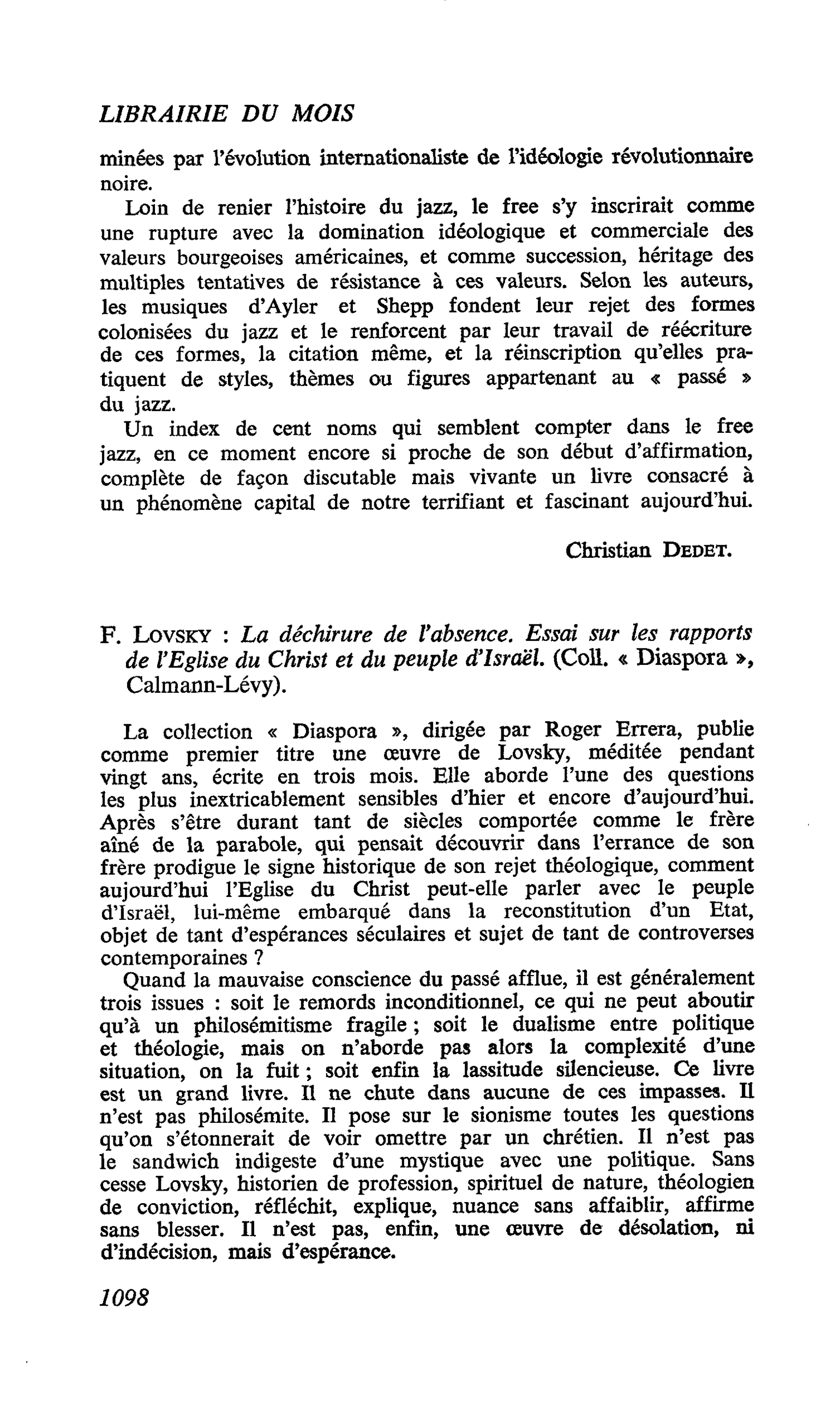 F. Lovsky : La déchirure de l’absence. Essai sur les rapports de l’Eglise du Christ et du peuple d’Israël