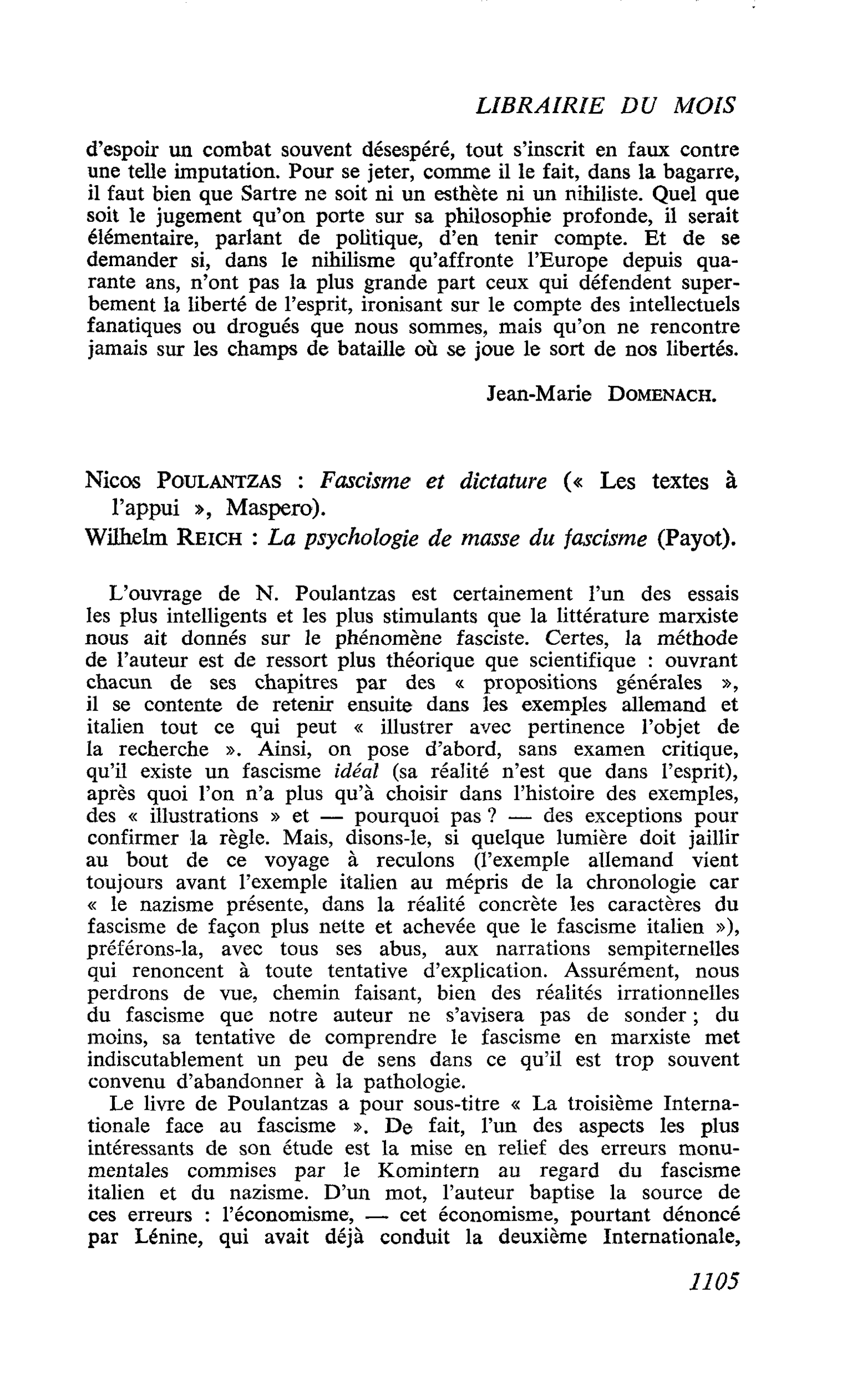 Nicos Poulantzas : Fascisme et dictature. Wilhelm Reich : La psychologie de masse du fascisme
