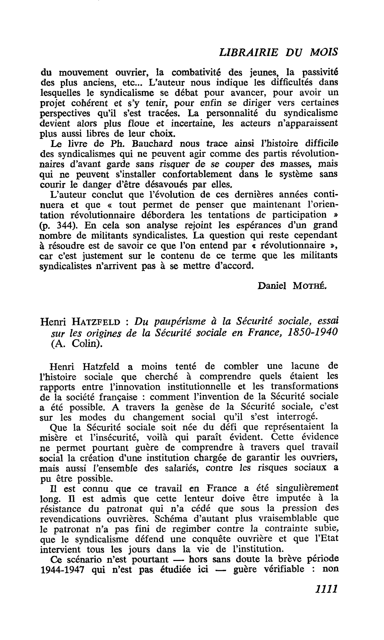 Henri Hatzfeld : Du paupérisme à la Sécurité sociale, essai sur les origines de la Sécurité sociale en France, 1850-1940