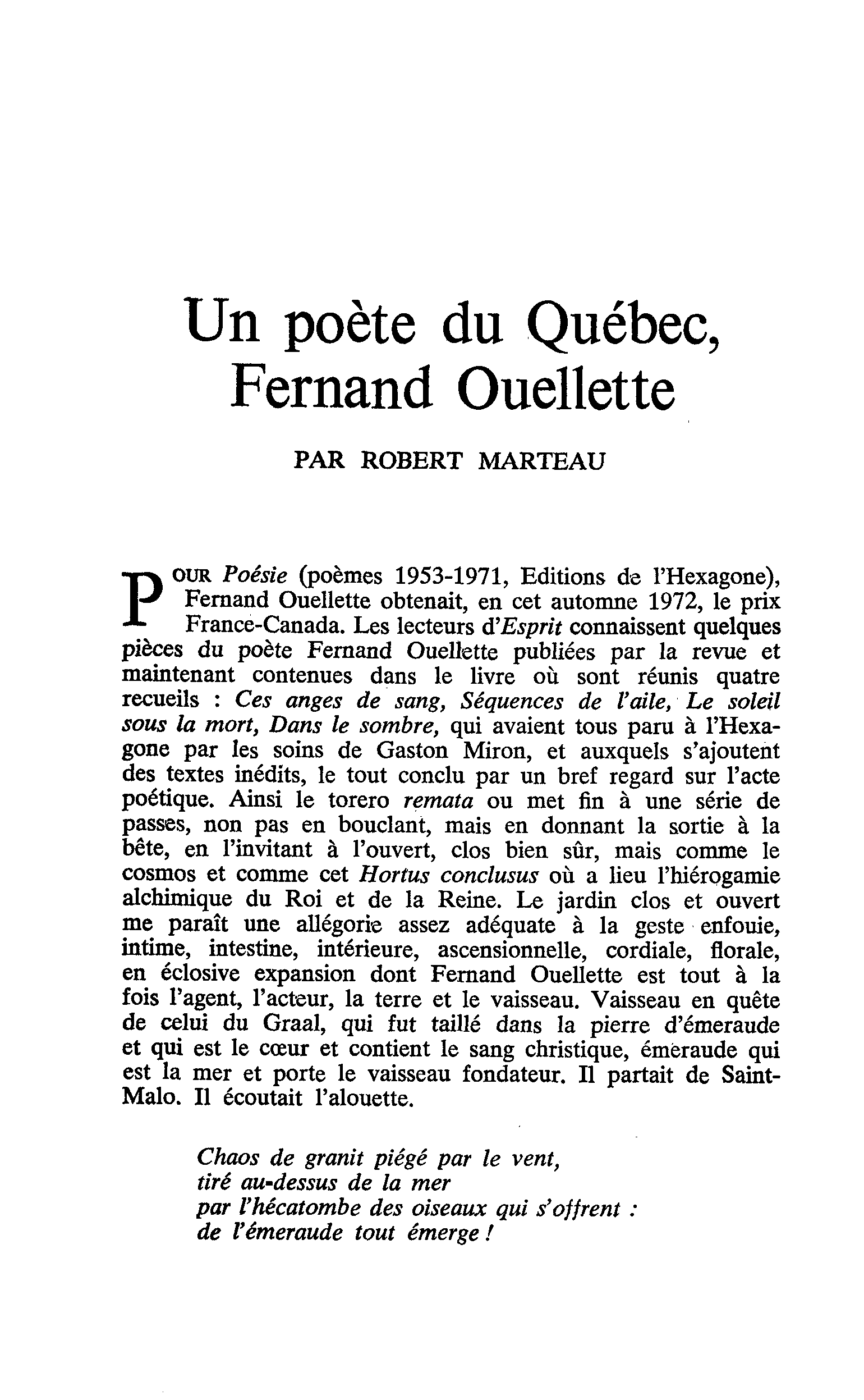 Un poète du Québec, Fernand Ouellette