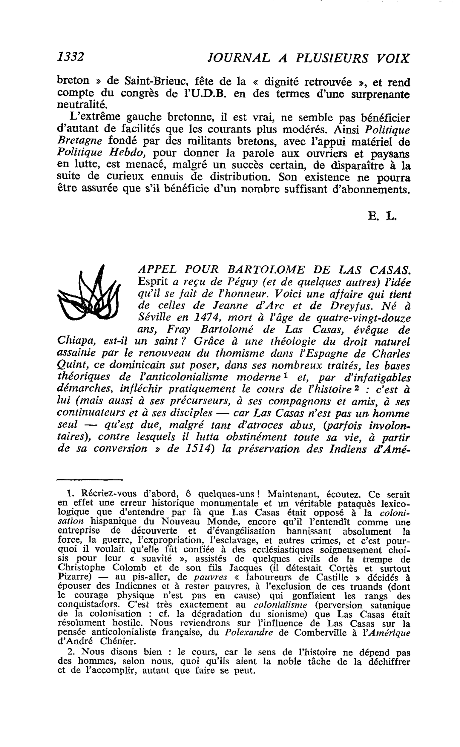 APPEL POUR BARTOLOME DE LAS CASAS