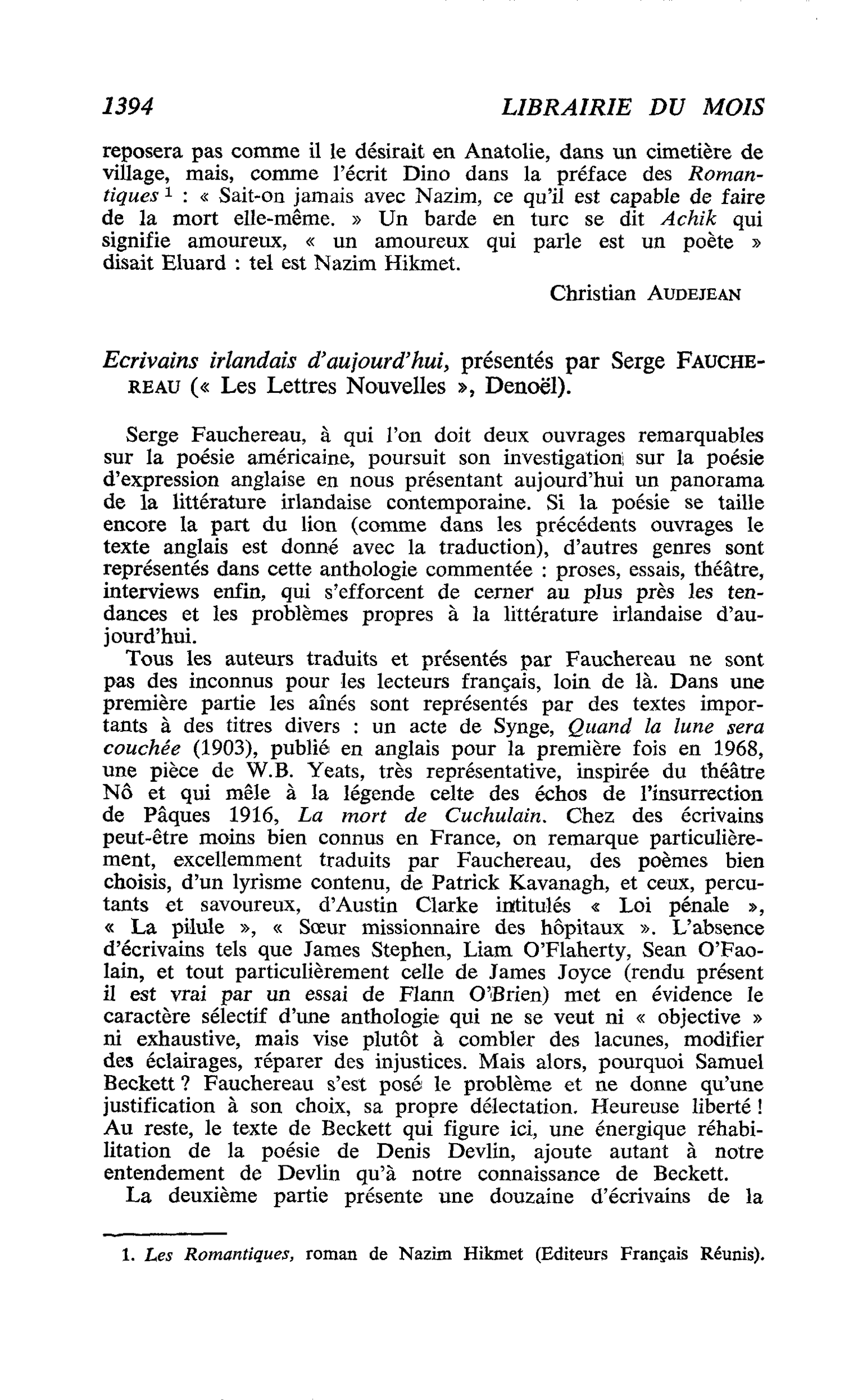 Ecrivains irlandais d’aujourd’hui, présentés par Serge Fauchereau