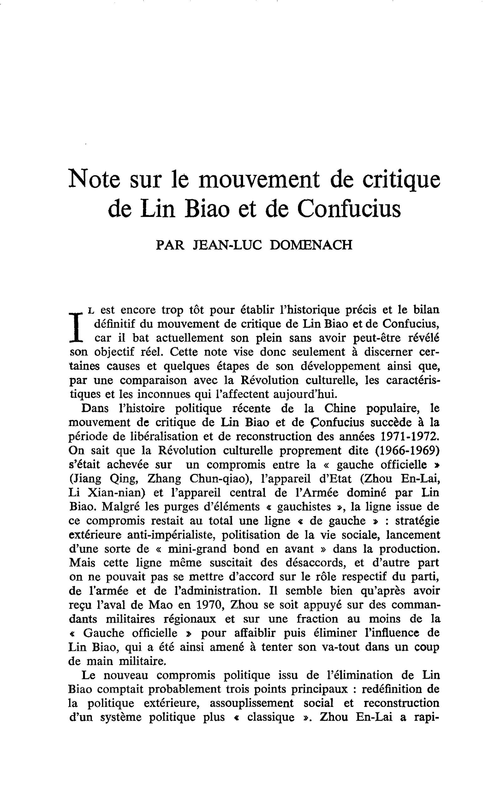 Note sur le mouvement de critique de Lin Biao et de Confucius