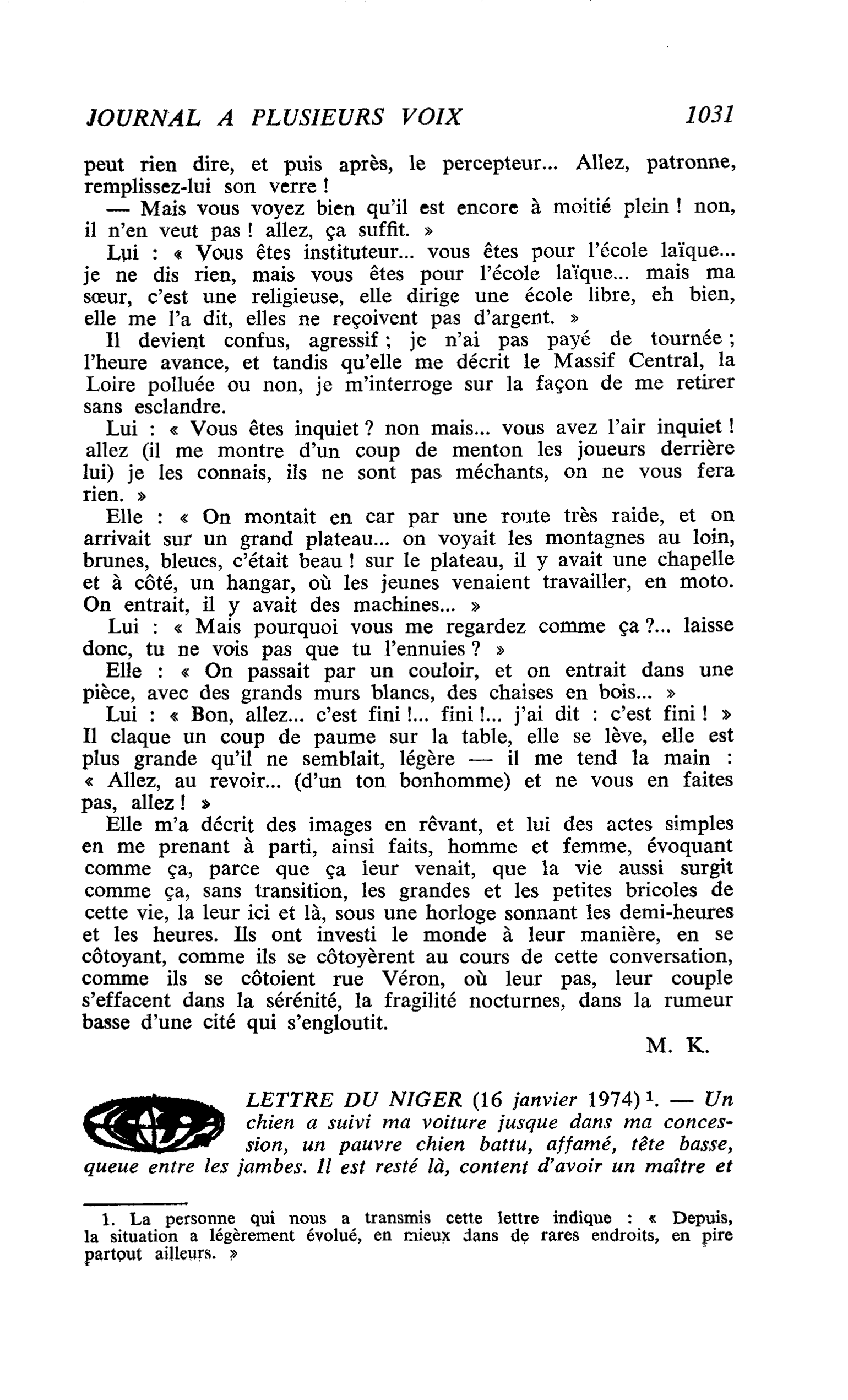 LETTRE DU NIGER (16 janvier 1974)