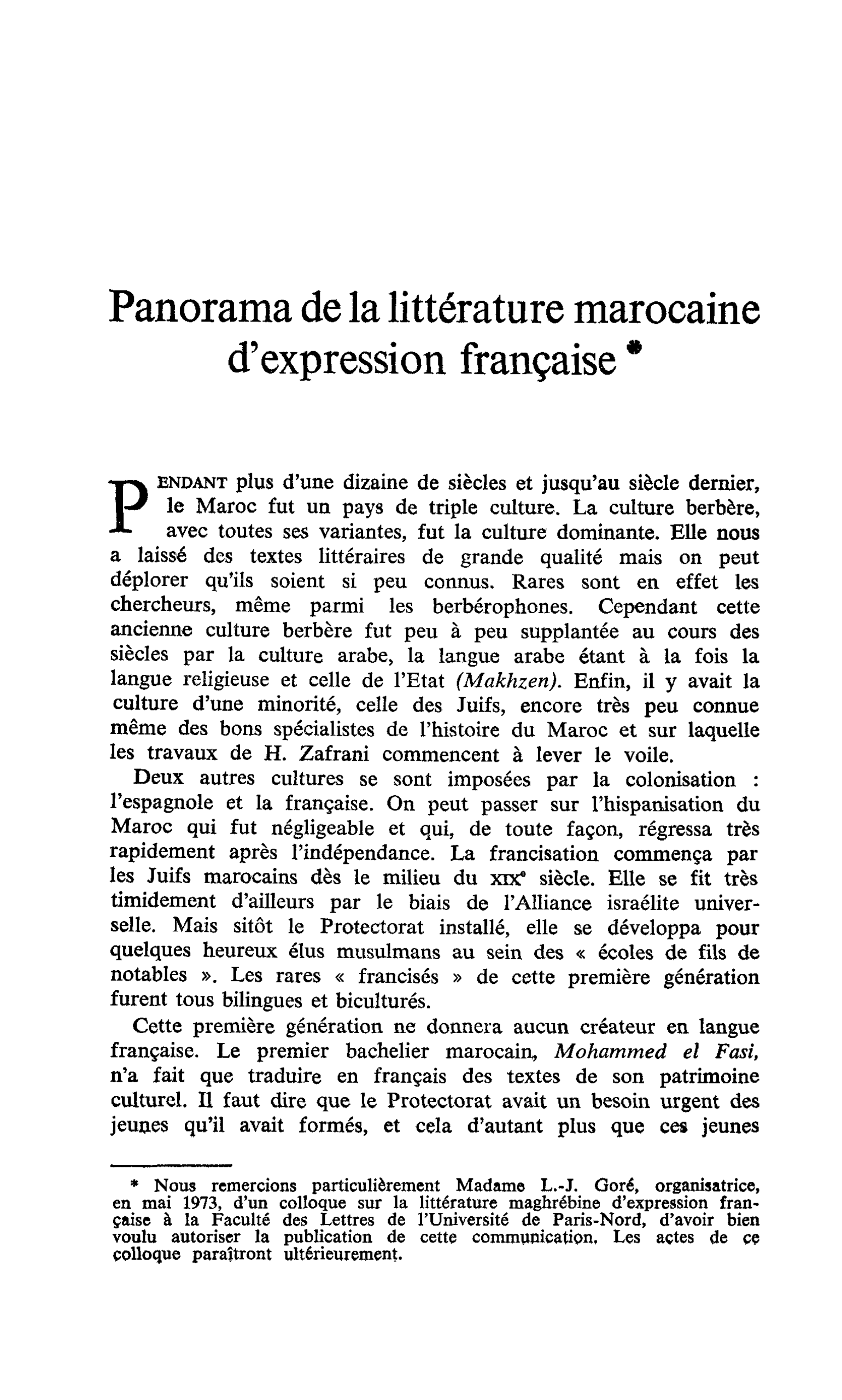 Panorama de la littérature marocaine d’expression française