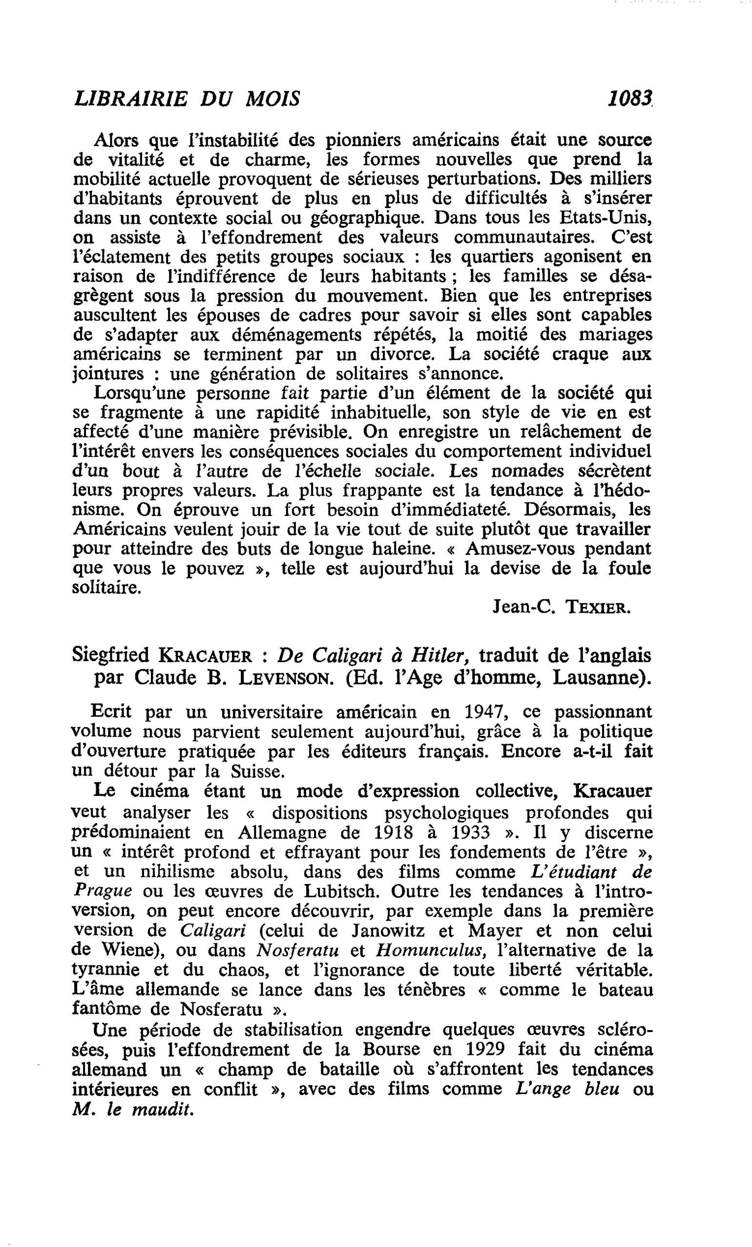 Siegfried Kracauer : De Caligari à Hitler