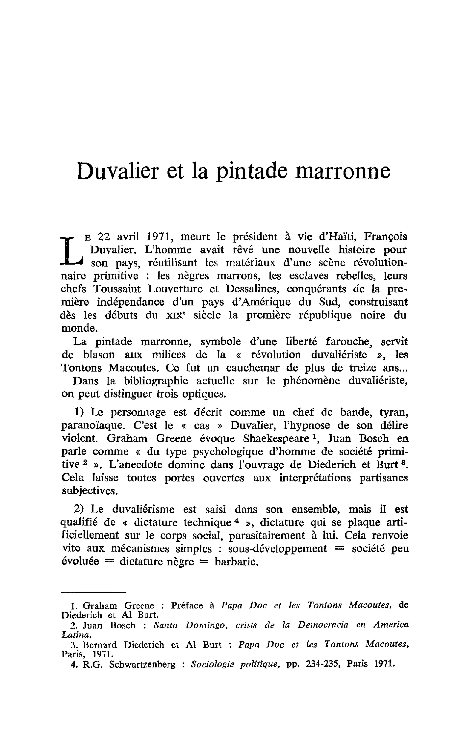 Duvalier et la pintade marronne