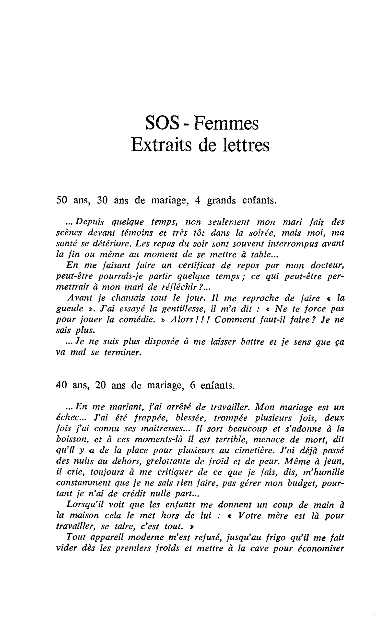 SOS - Femmes. Extraits de lettres