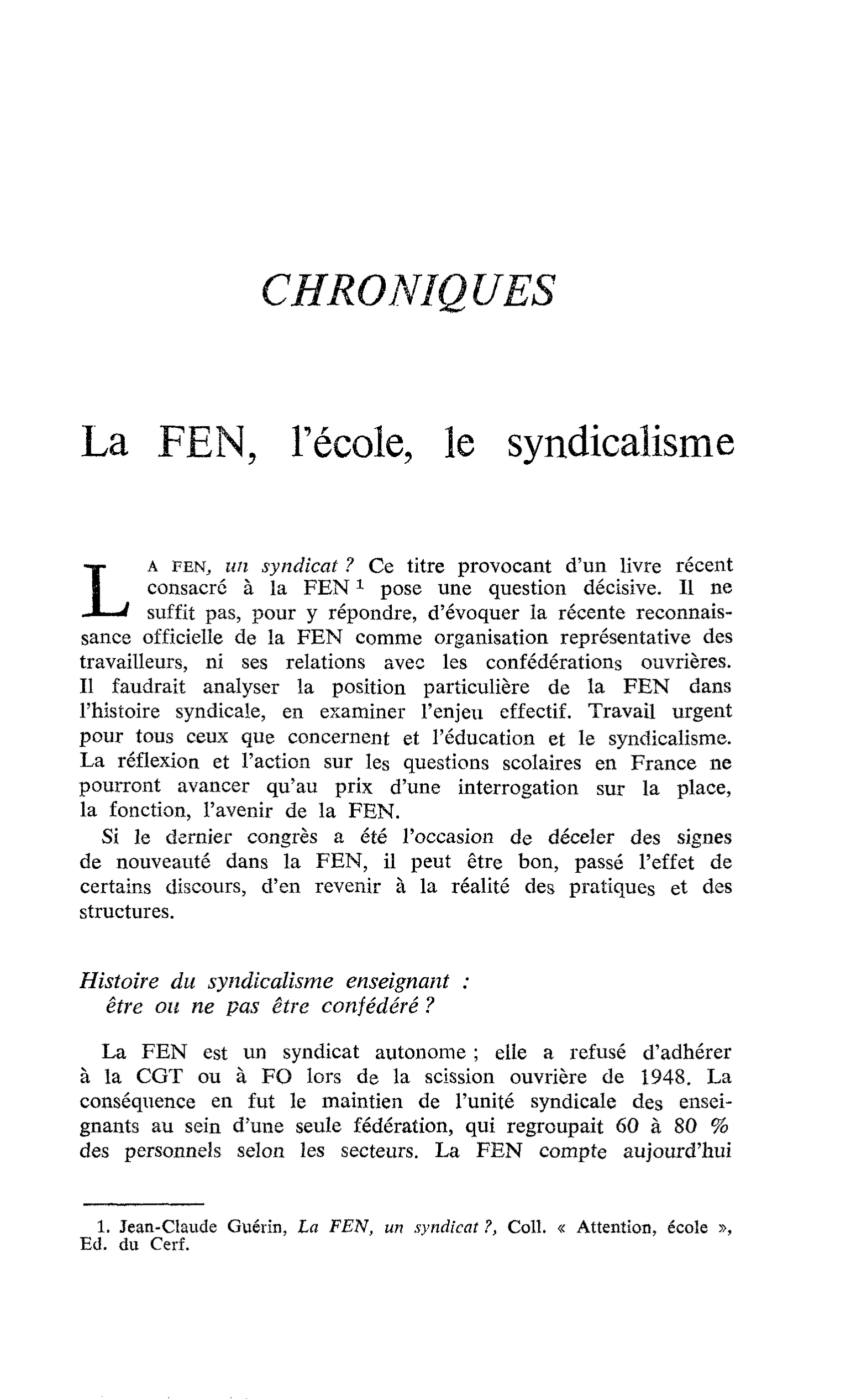 La FEN, l’école, le syndicalisme
