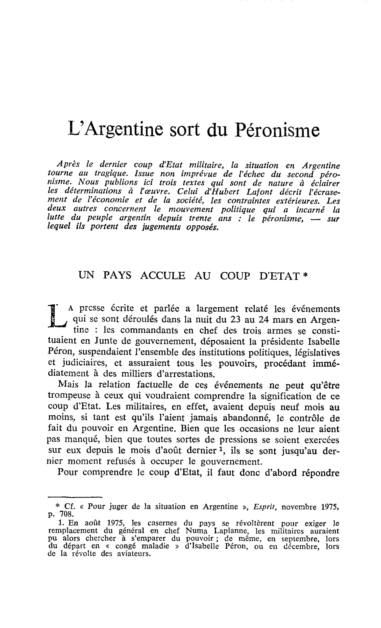 L’Argentine sort du Péronisme : UN PAYS ACCULE AU COUP D’ETAT