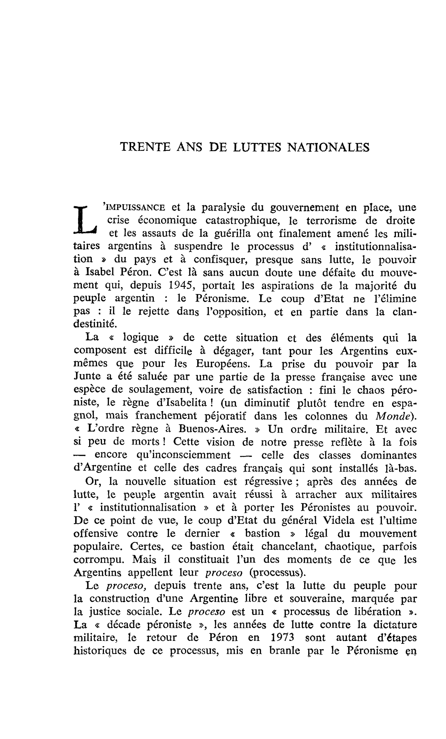 L’Argentine sort du Péronisme : TRENTE ANS DE LUTTES NATIONALES