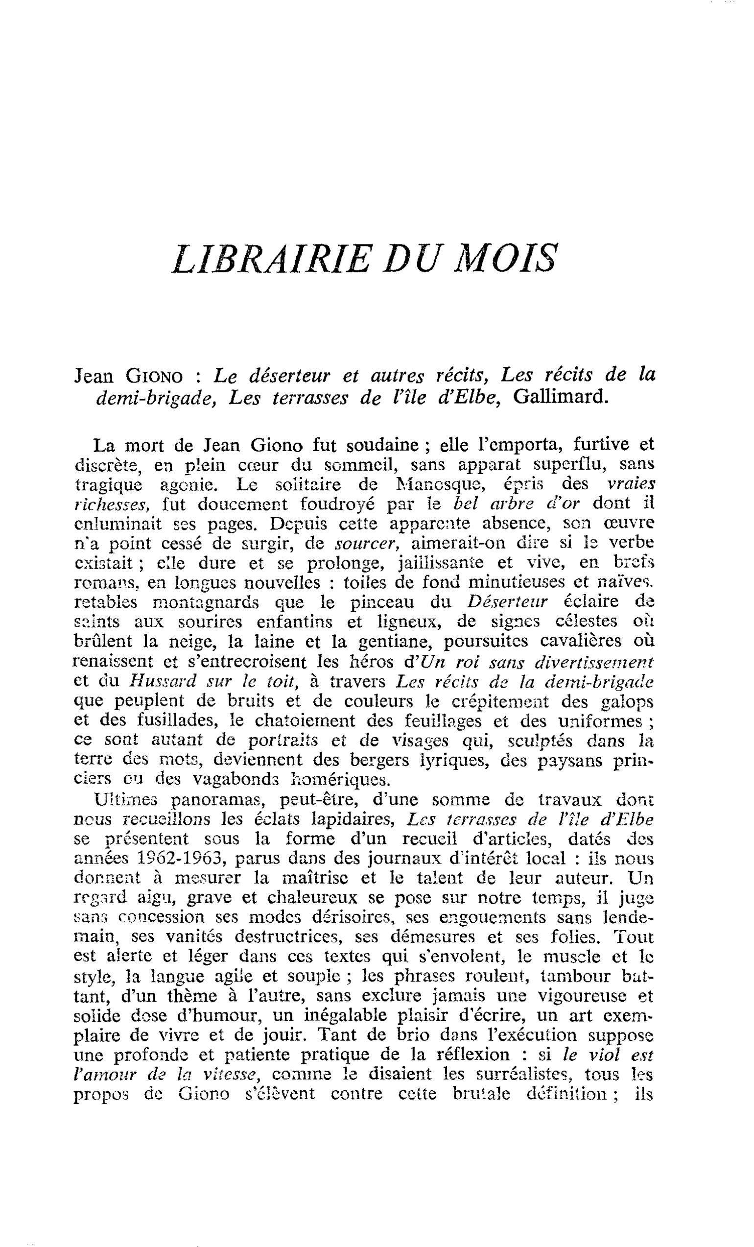 Jean GIONO : Le déserteur et autres récits, Les récits de la demi-brigade, Les terrasses de l’île d’Elbe