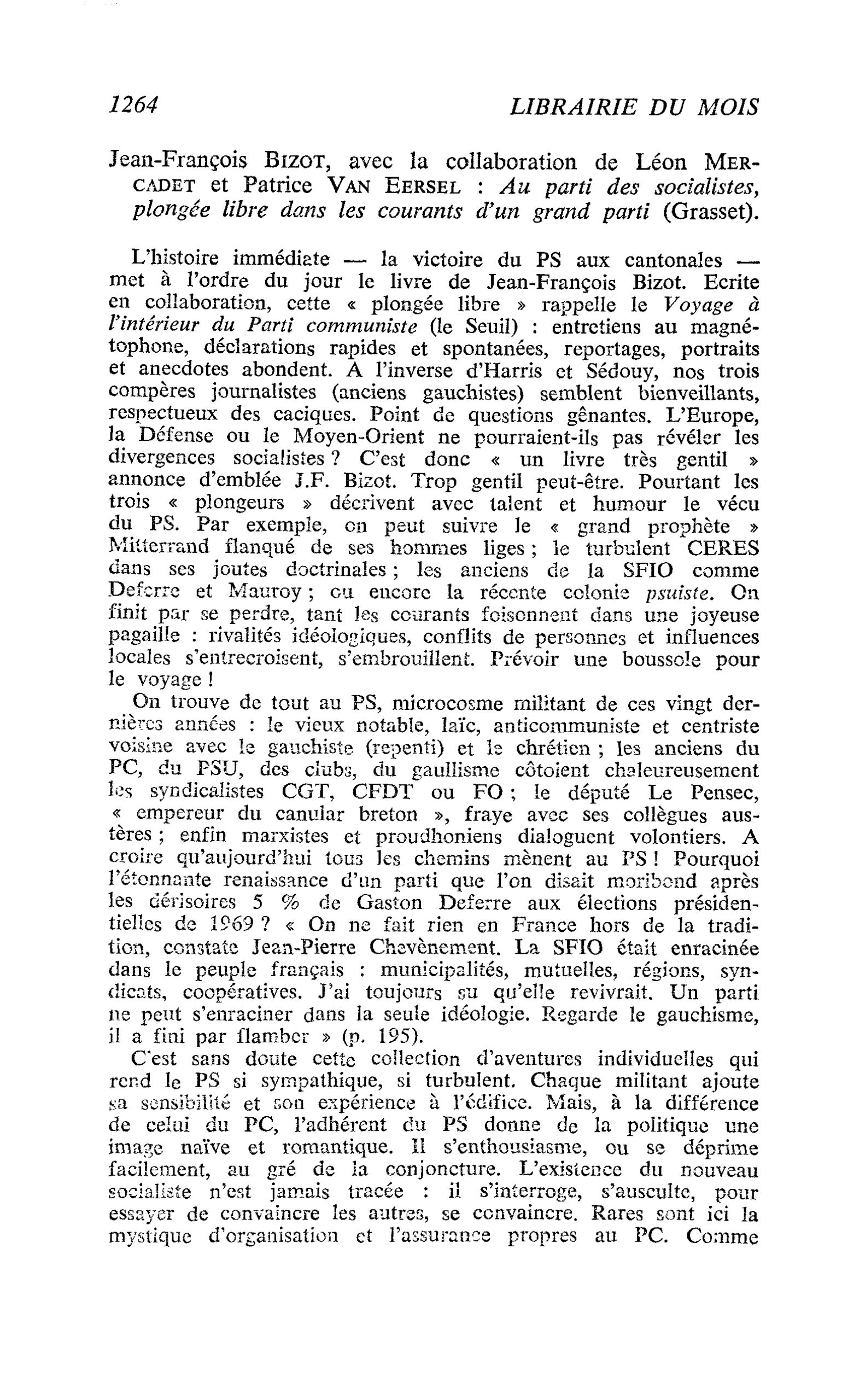 Jean-François Bizot, avec la collaboration de Léon Mercadet et Patrice Van Eersel : Au parti des socialistes, plongée libre dans les courants d’un grand parti